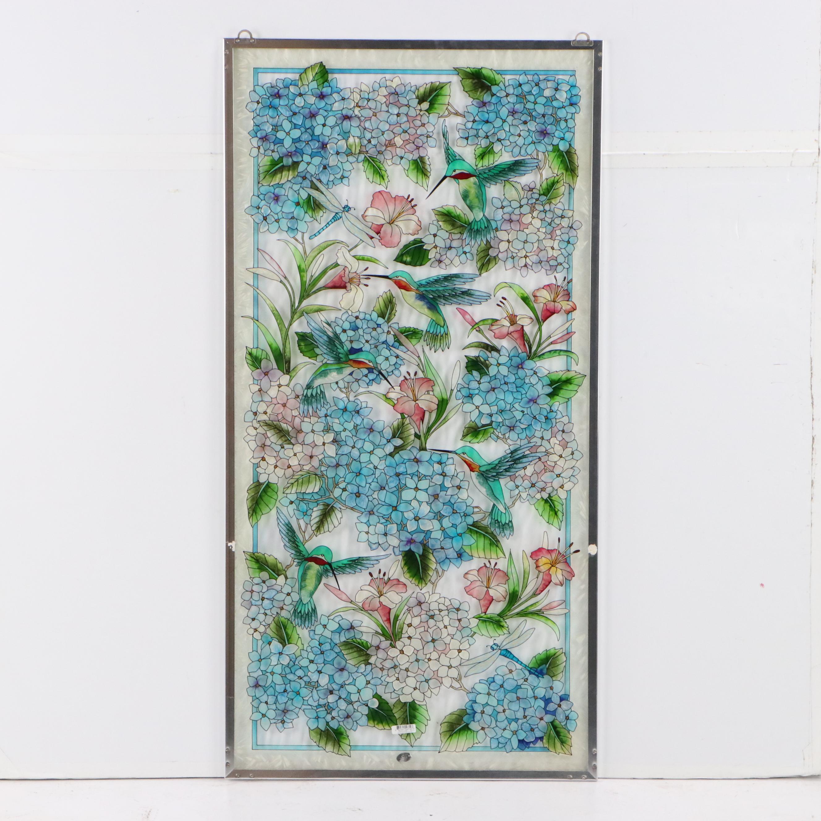 Stained Glass Panel of Hummingbirds and Flowers