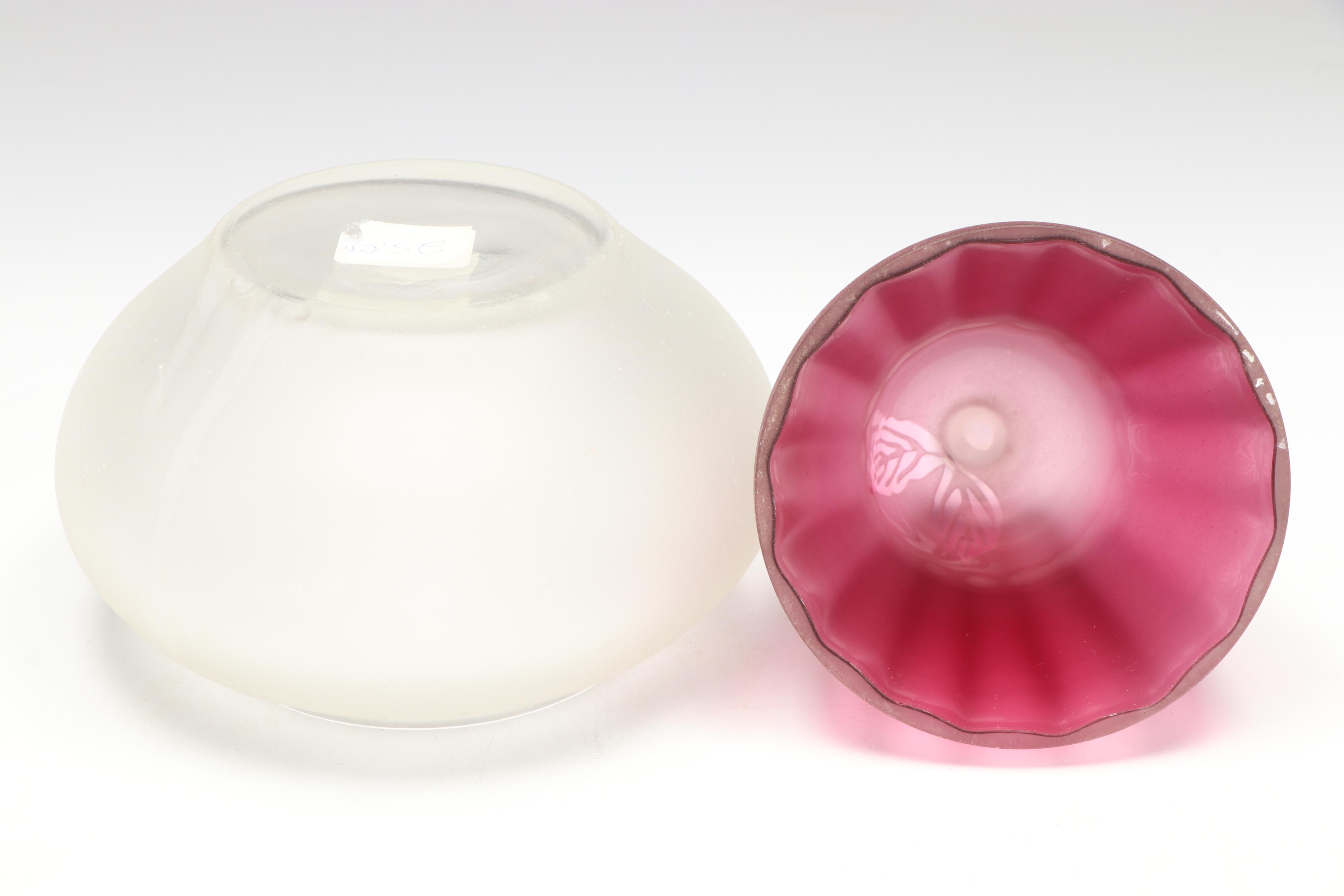 Pilgrim Vase with Cranberry Glass Wine Glasses and Frosted Glass Pear Box