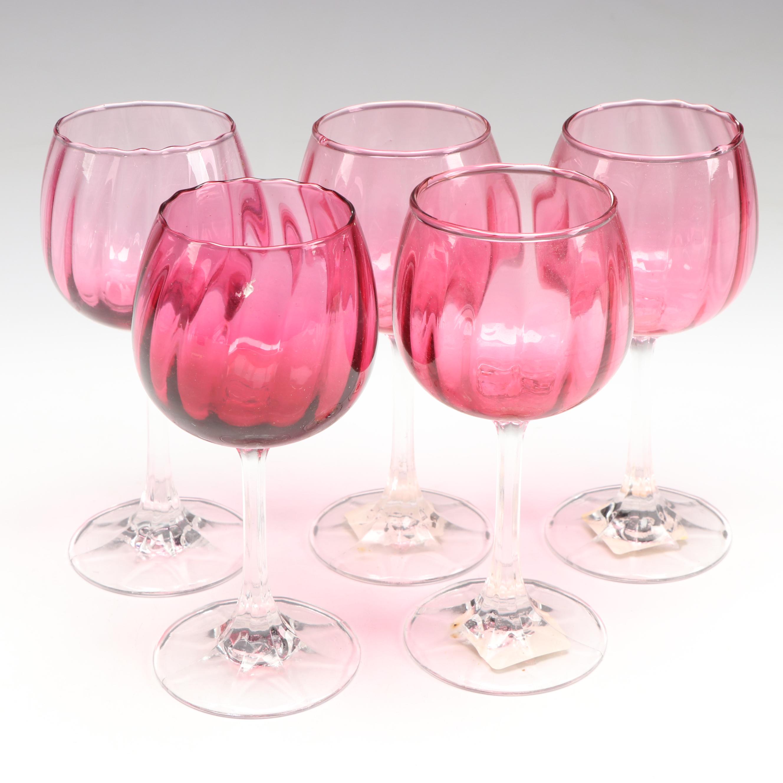 Pilgrim Vase with Cranberry Glass Wine Glasses and Frosted Glass Pear Box