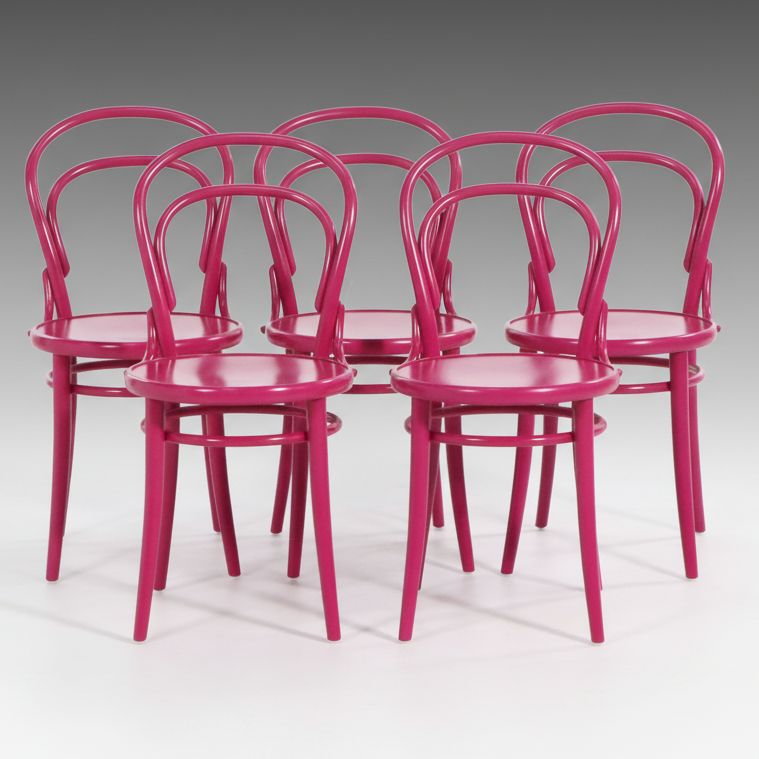 Set of Five TON Thonet Style Pink Bentwood Chairs