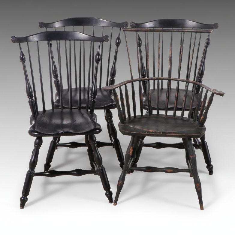 Painted English Windsor Armchair with Other Signed Windsor Chairs