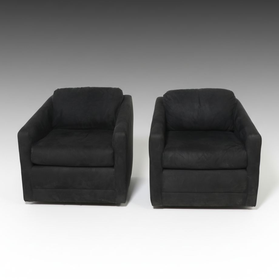 Pair of Modern Black Upholstered Swivel Armchairs