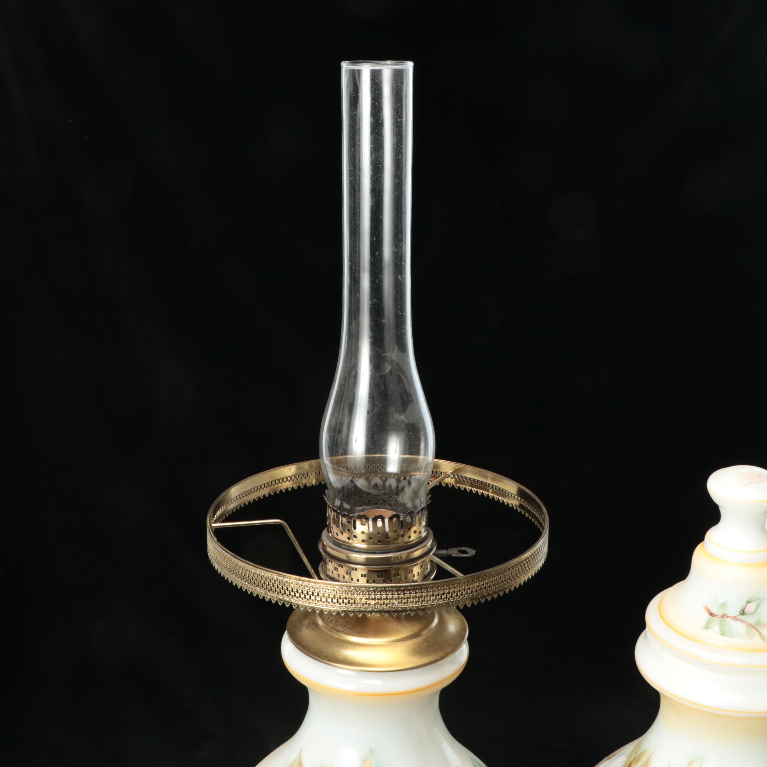 L. G. Lamp Company Floral Glass Hurricane Table Lamp with Jar
