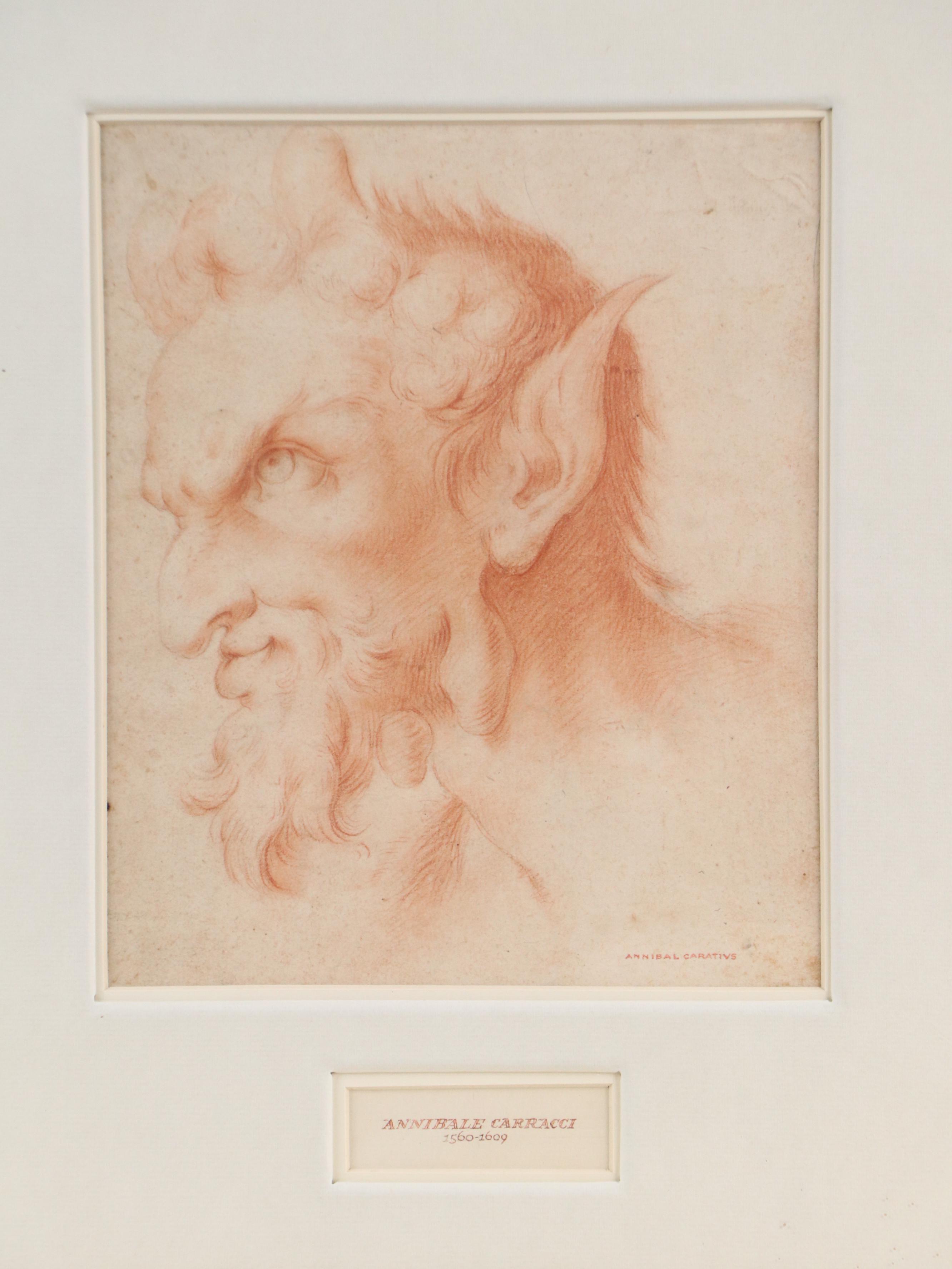 Attributed to Annibale Carracci Red Chalk Drawing Head of Satyr