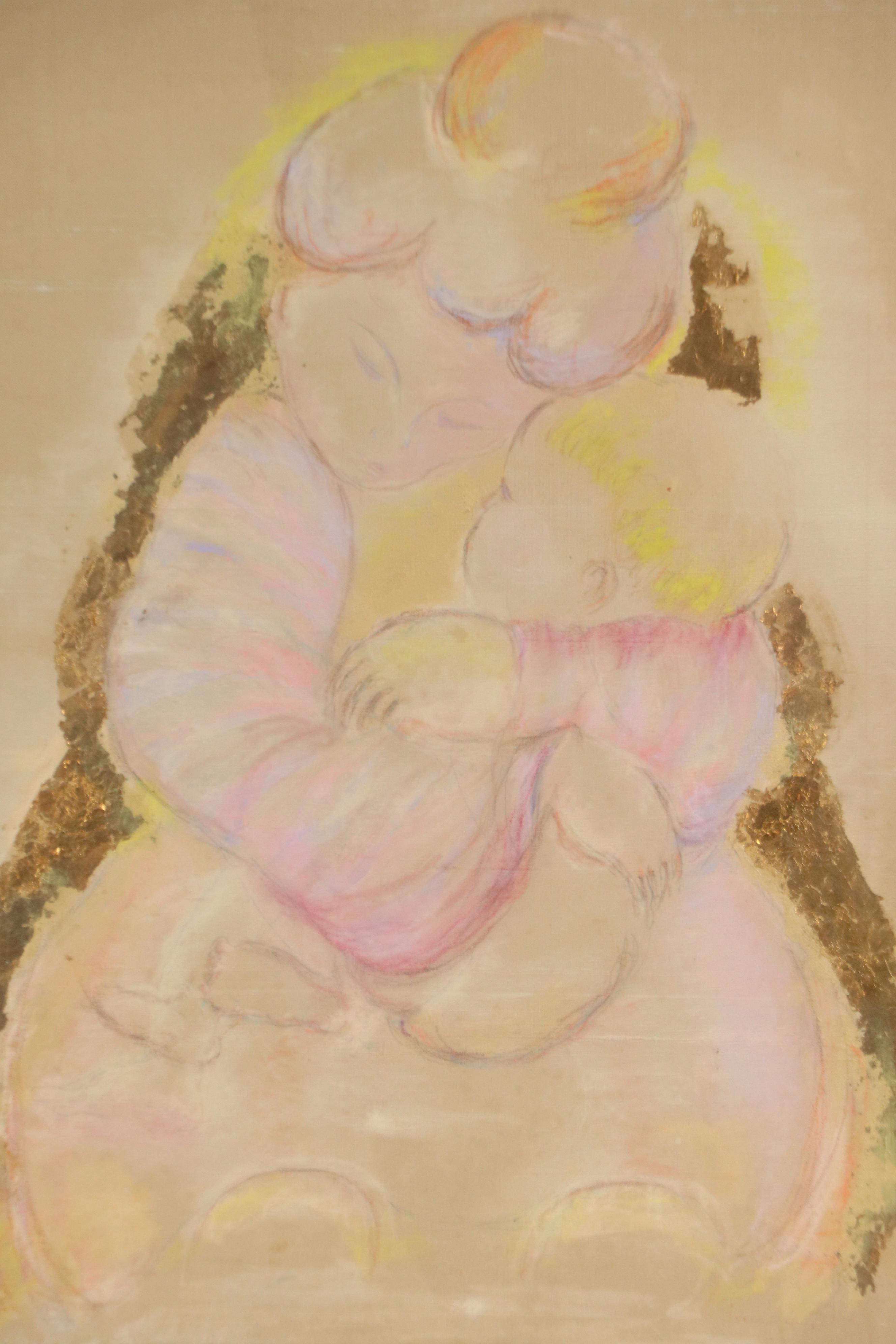 Mother and Child Gouache and Gold Leaf Painting on Silk Panel