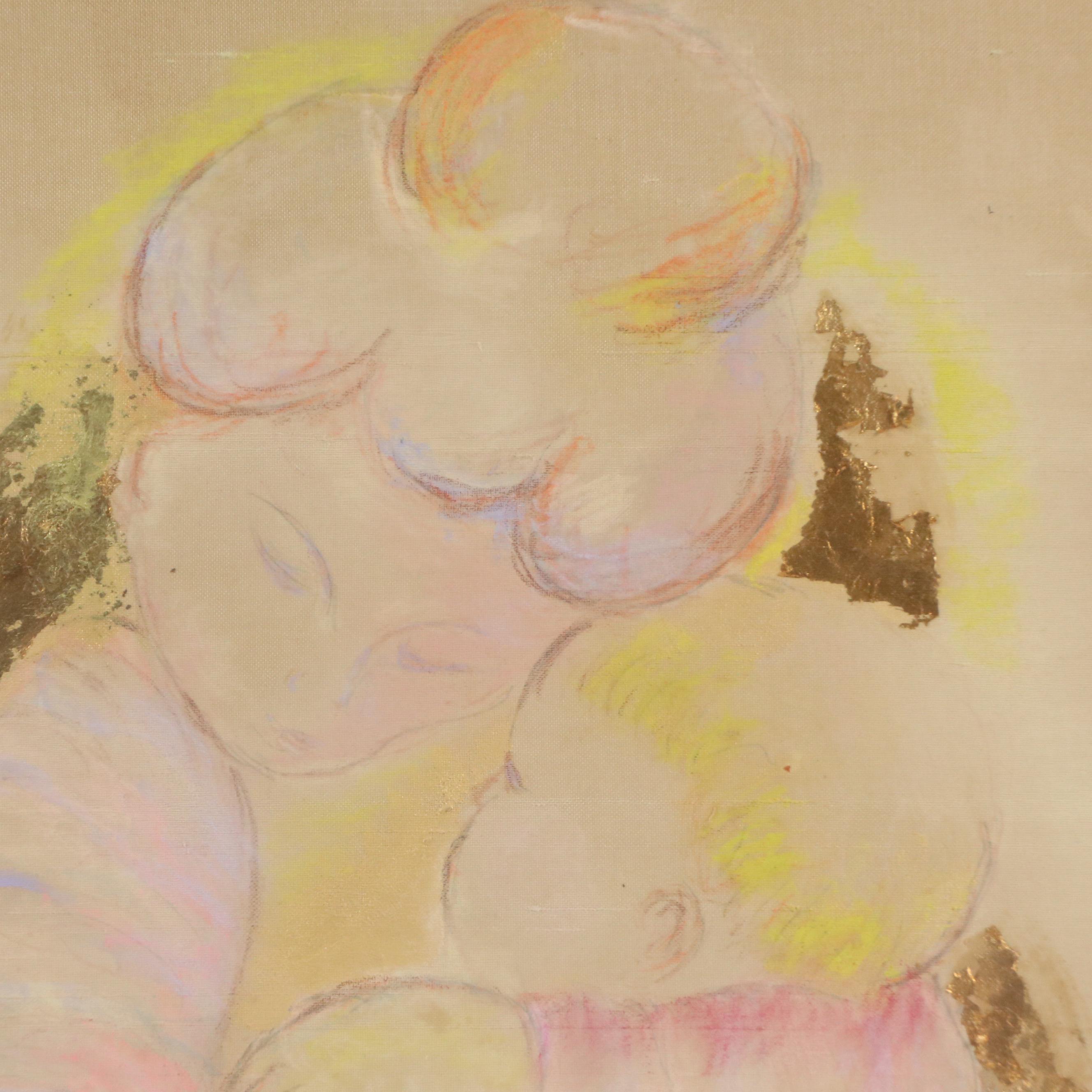 Mother and Child Gouache and Gold Leaf Painting on Silk Panel