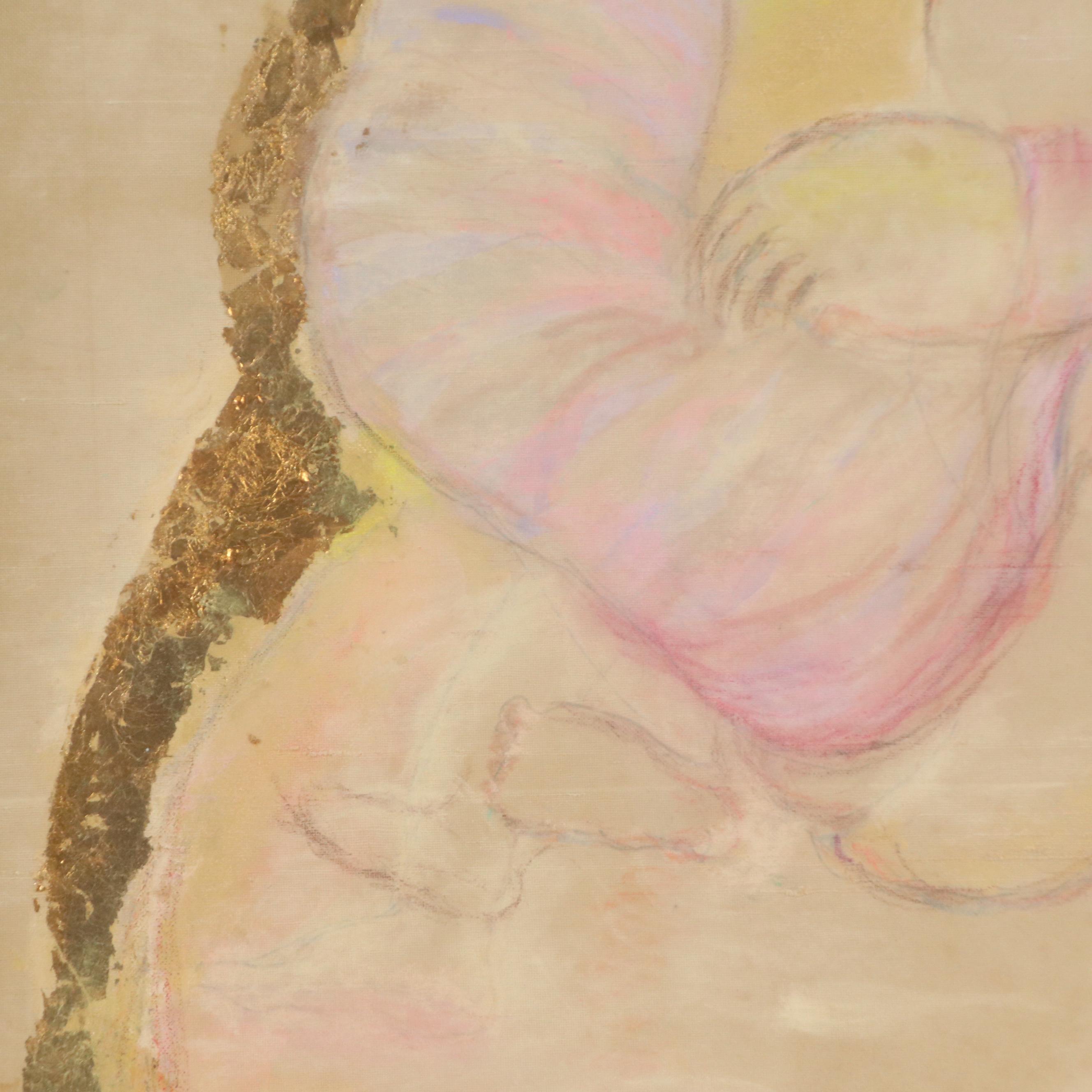 Mother and Child Gouache and Gold Leaf Painting on Silk Panel