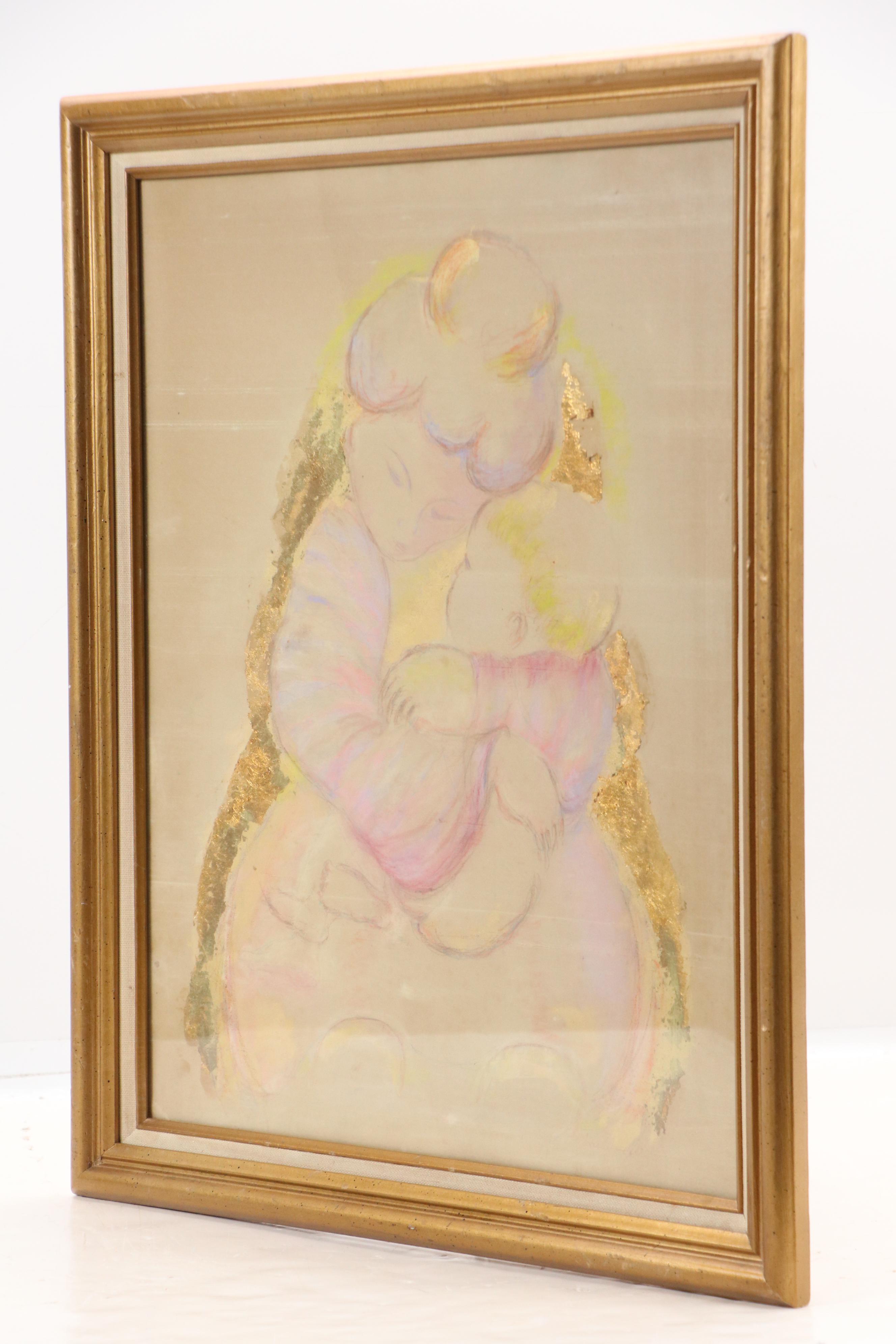 Mother and Child Gouache and Gold Leaf Painting on Silk Panel