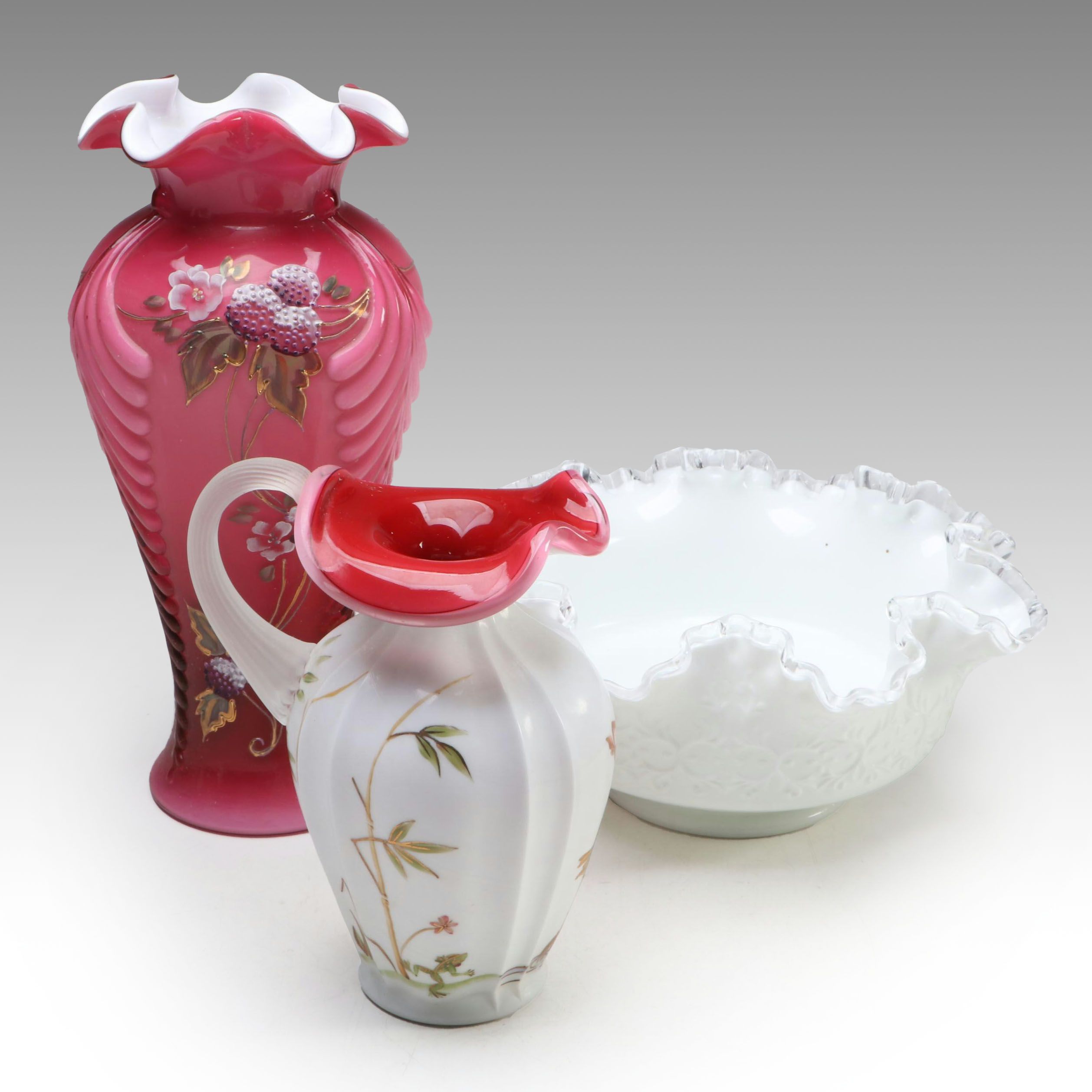 Fenton "Berries on Wild Rose" Vase with "Asian Garden" Pitcher and Ruffled Bowl