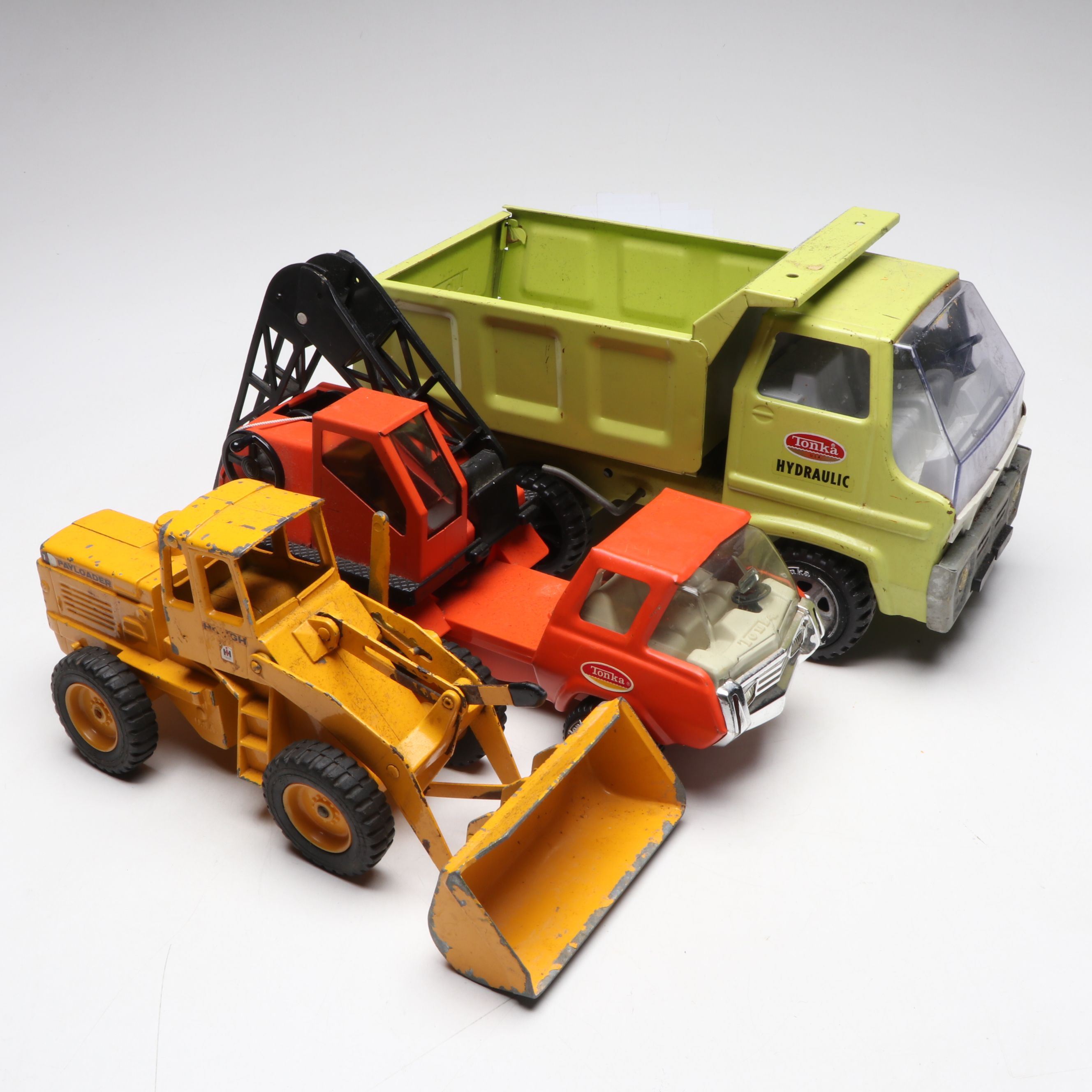 Tonka Hydraulic Dump Truck and Crane with Ertl Pressed Steel Payloader, Vintage