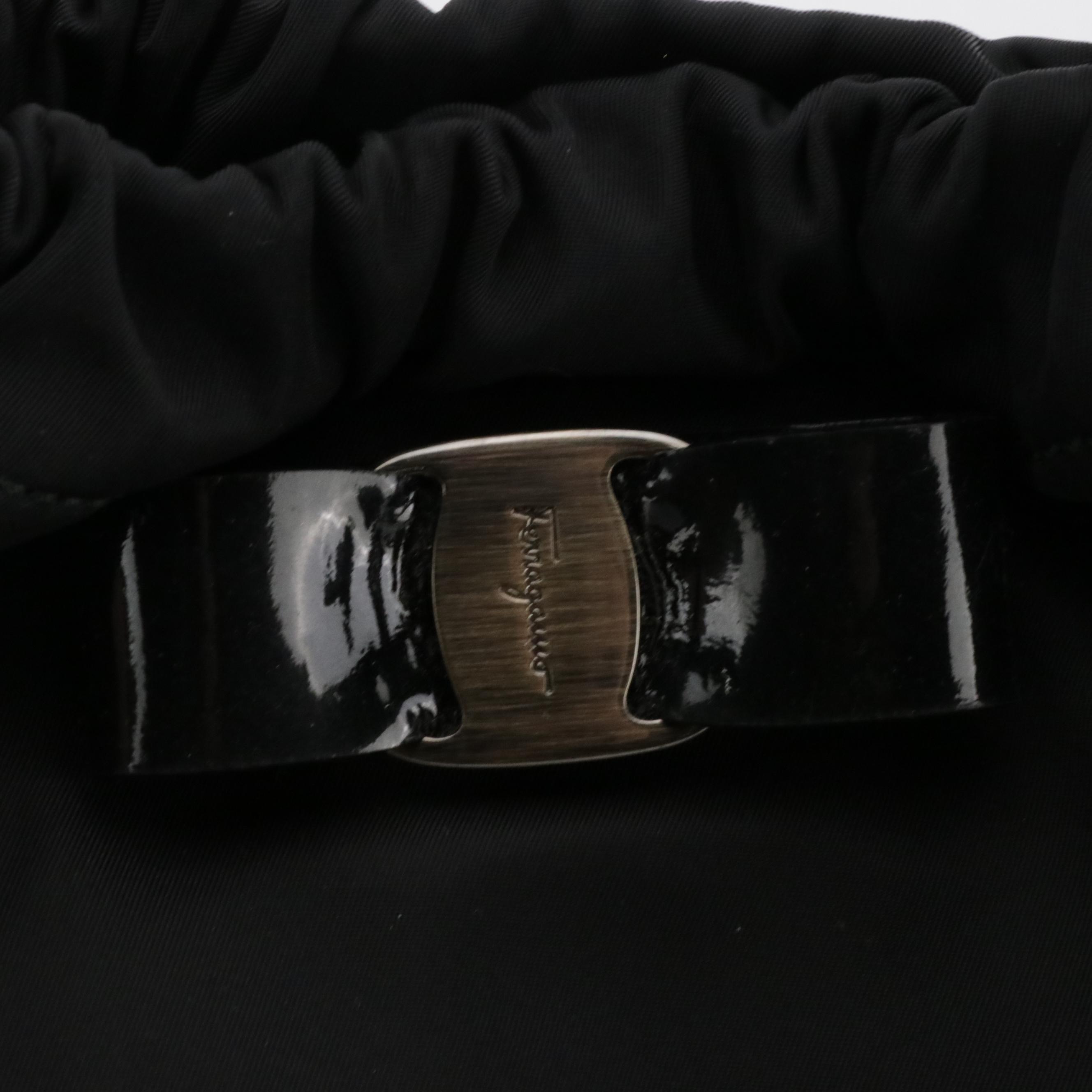 Salvatore Ferragamo Vara Bow Shoulder Bag in Black Nylon and Patent Leather Trim