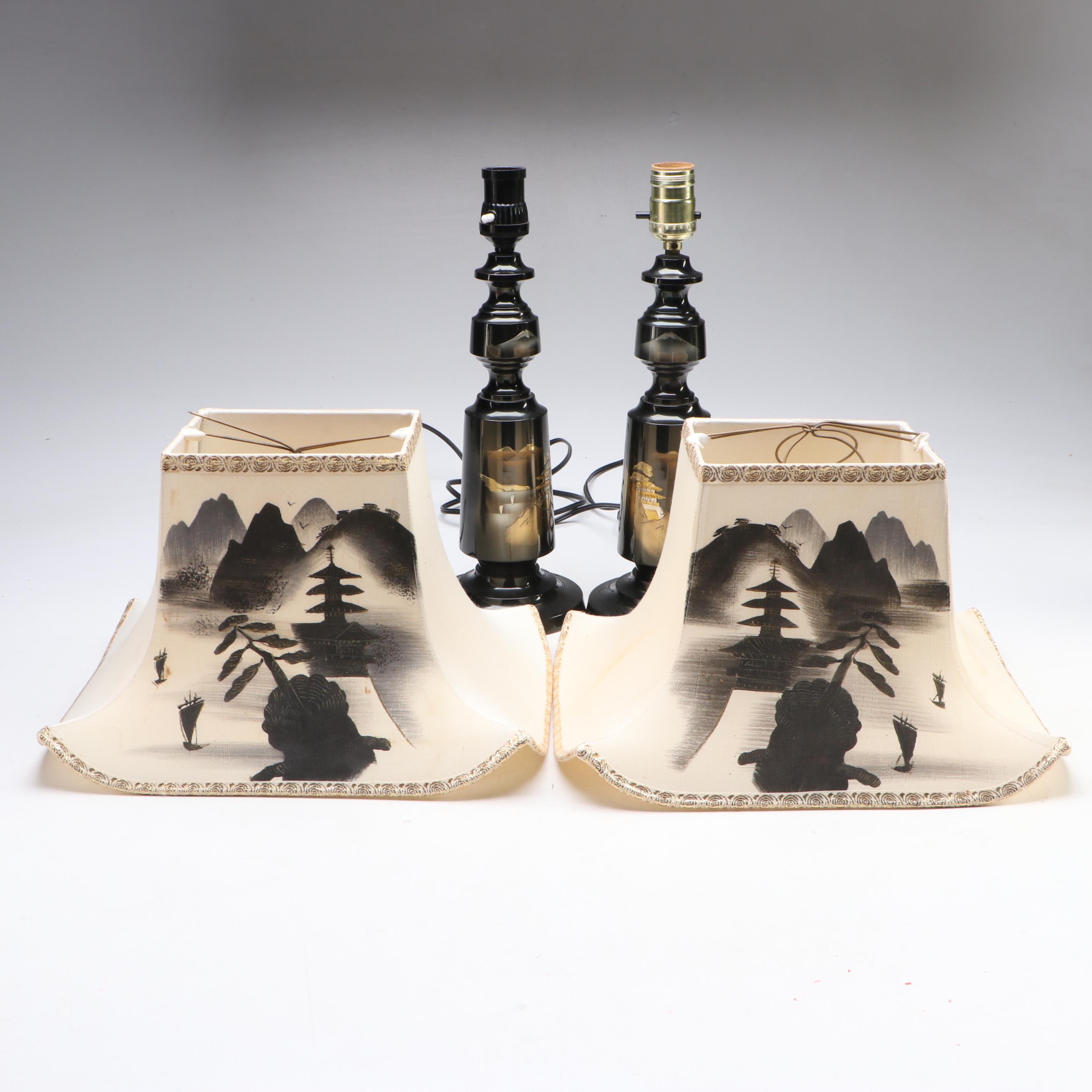 Japanese Damascene Style Table Lamps with Painted Pagoda Landscape Shades