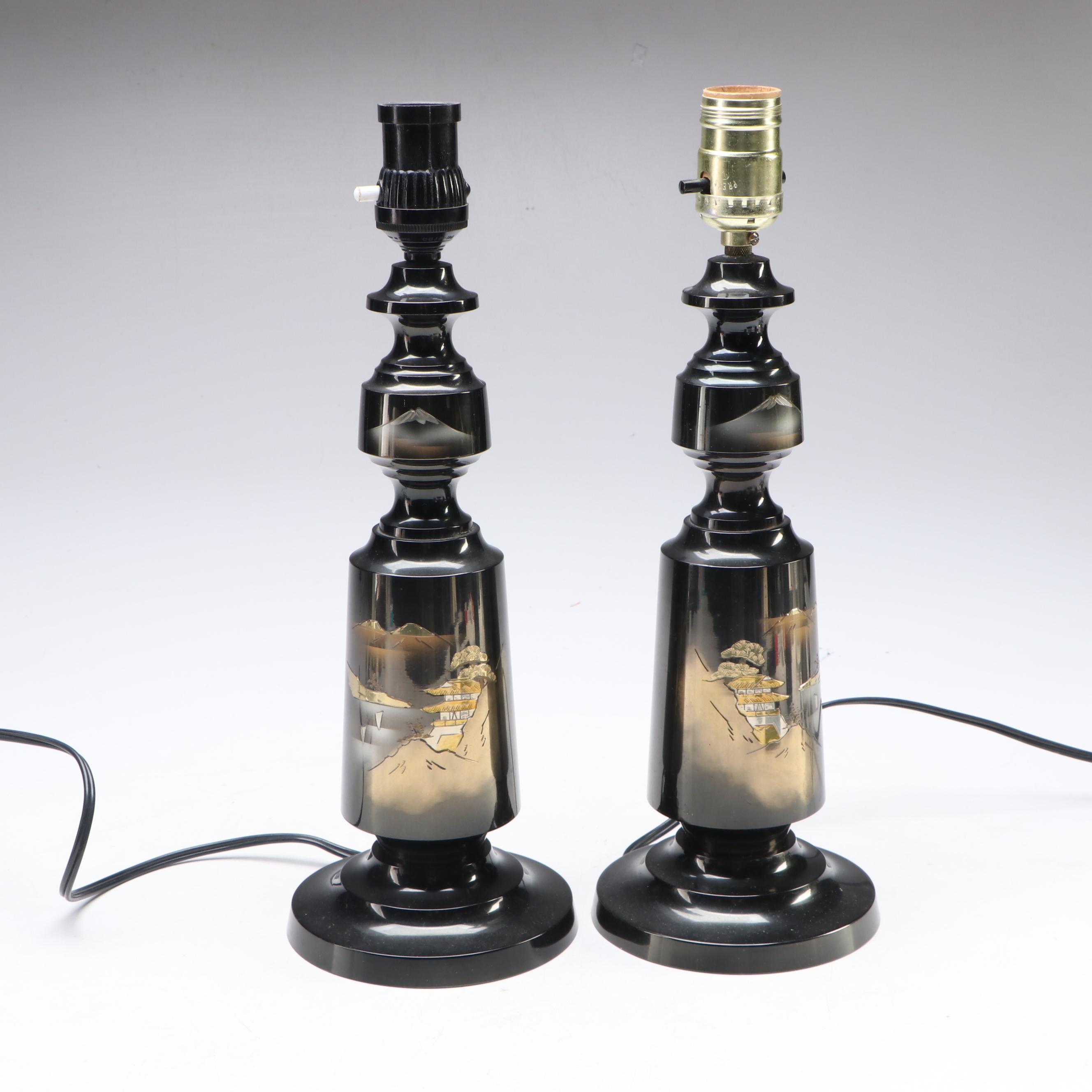 Japanese Damascene Style Table Lamps with Painted Pagoda Landscape Shades