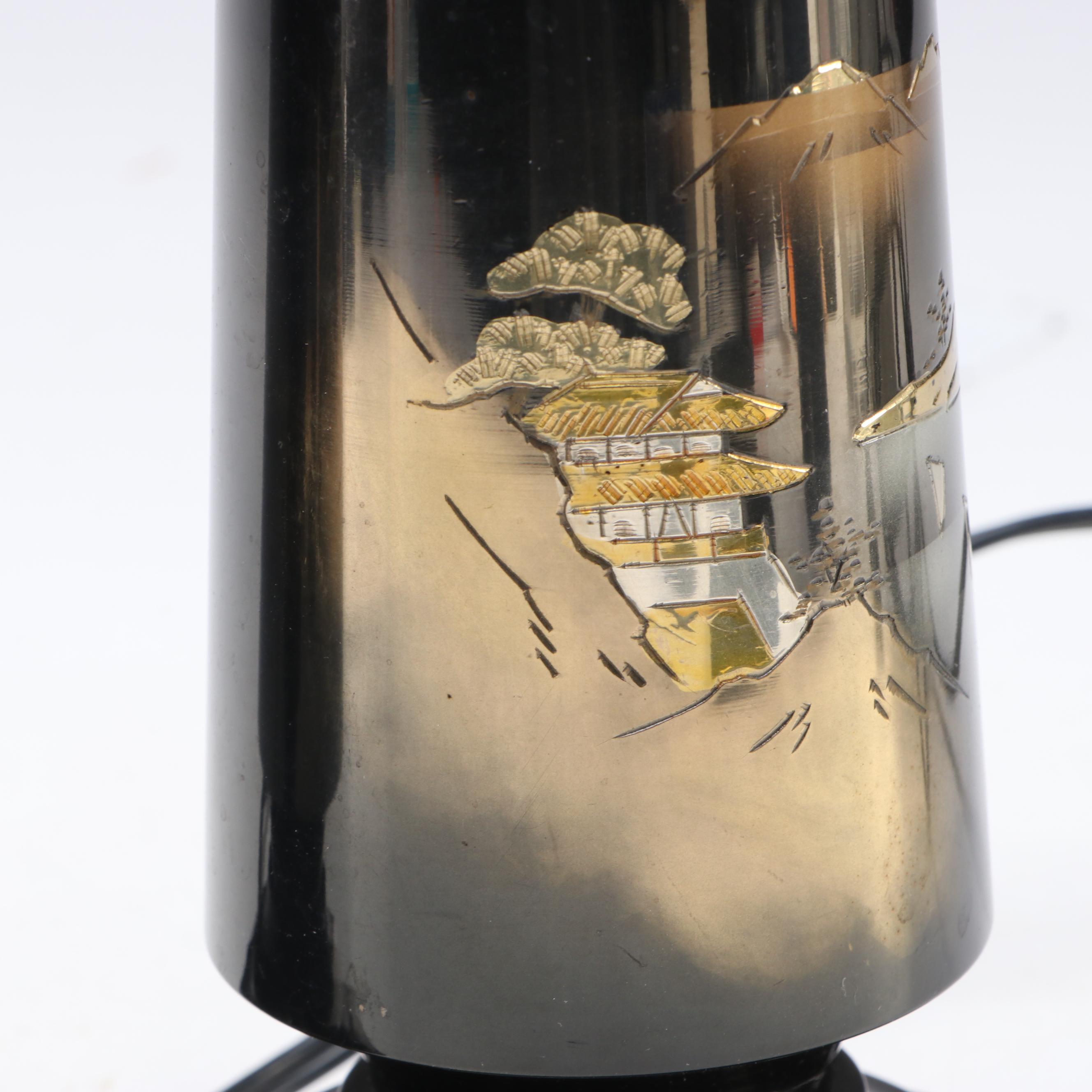 Japanese Damascene Style Table Lamps with Painted Pagoda Landscape Shades