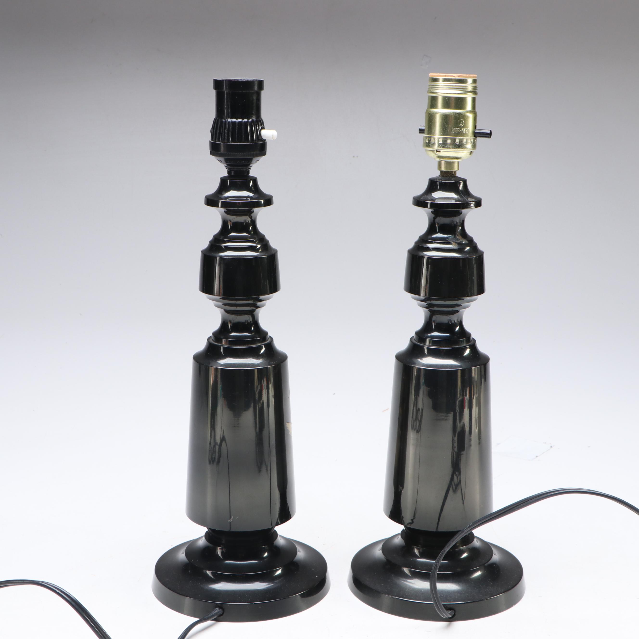 Japanese Damascene Style Table Lamps with Painted Pagoda Landscape Shades