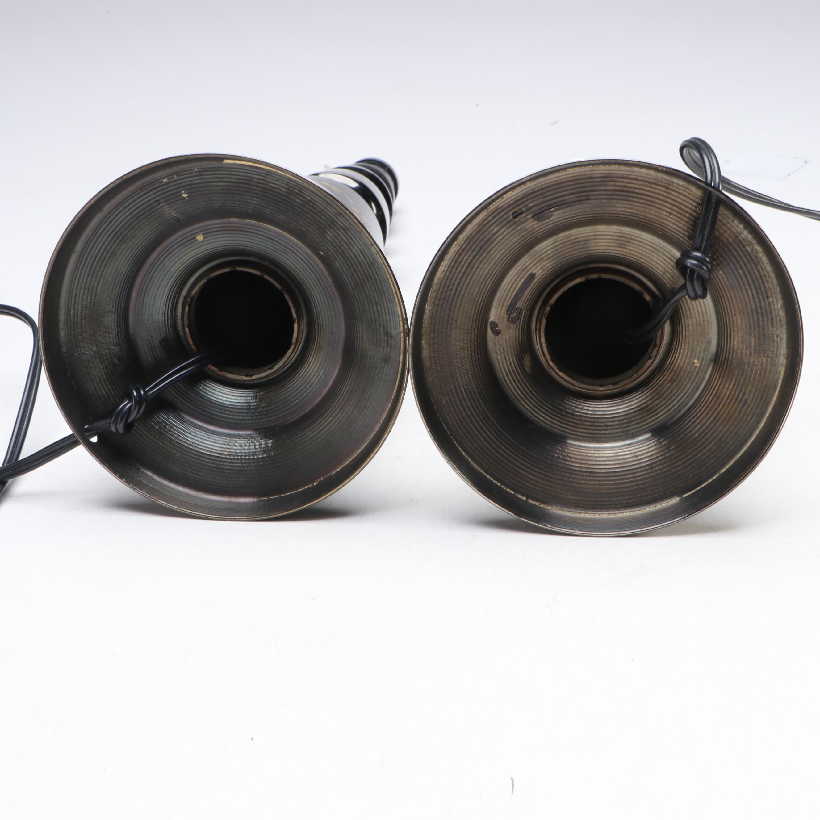 Japanese Damascene Style Table Lamps with Painted Pagoda Landscape Shades