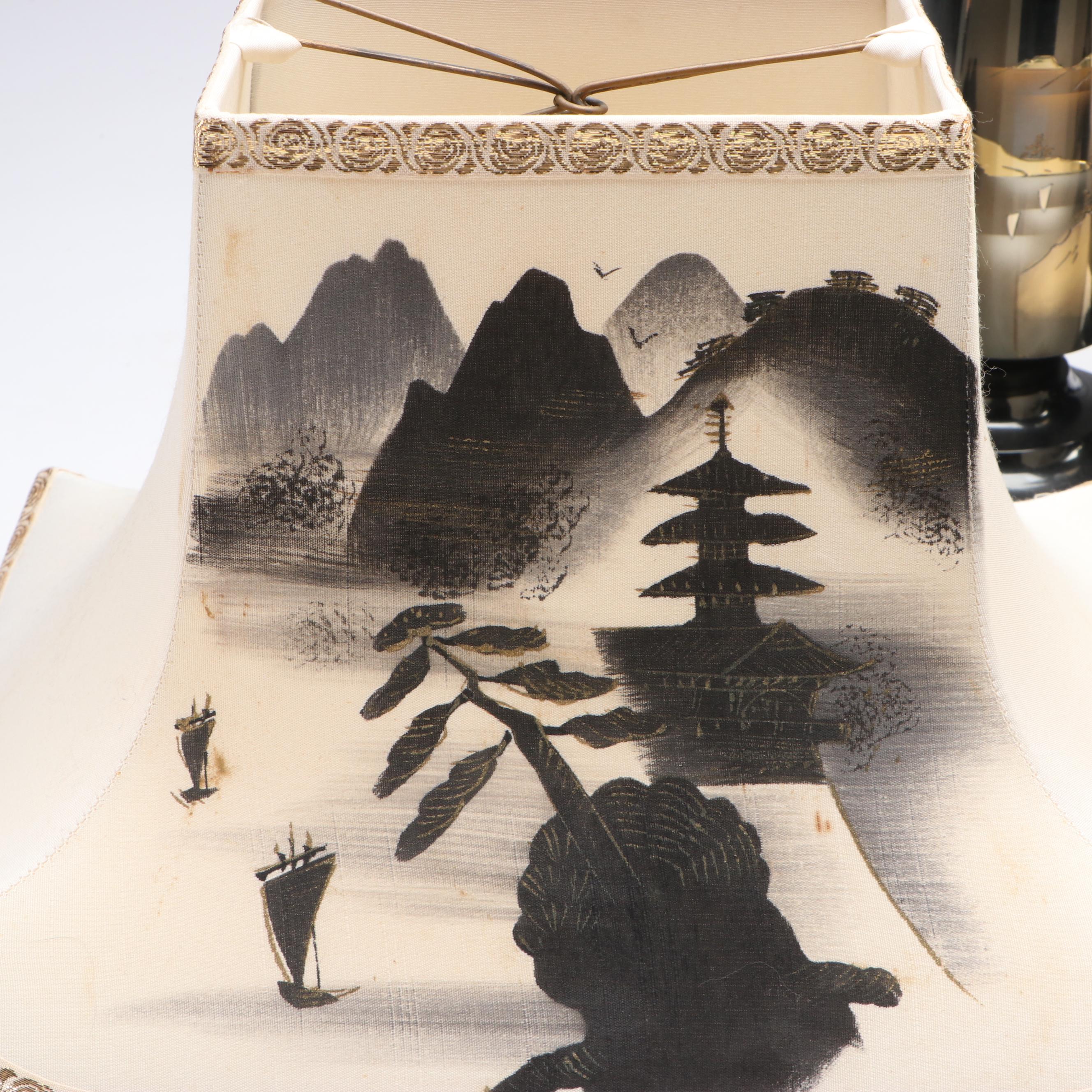 Japanese Damascene Style Table Lamps with Painted Pagoda Landscape Shades