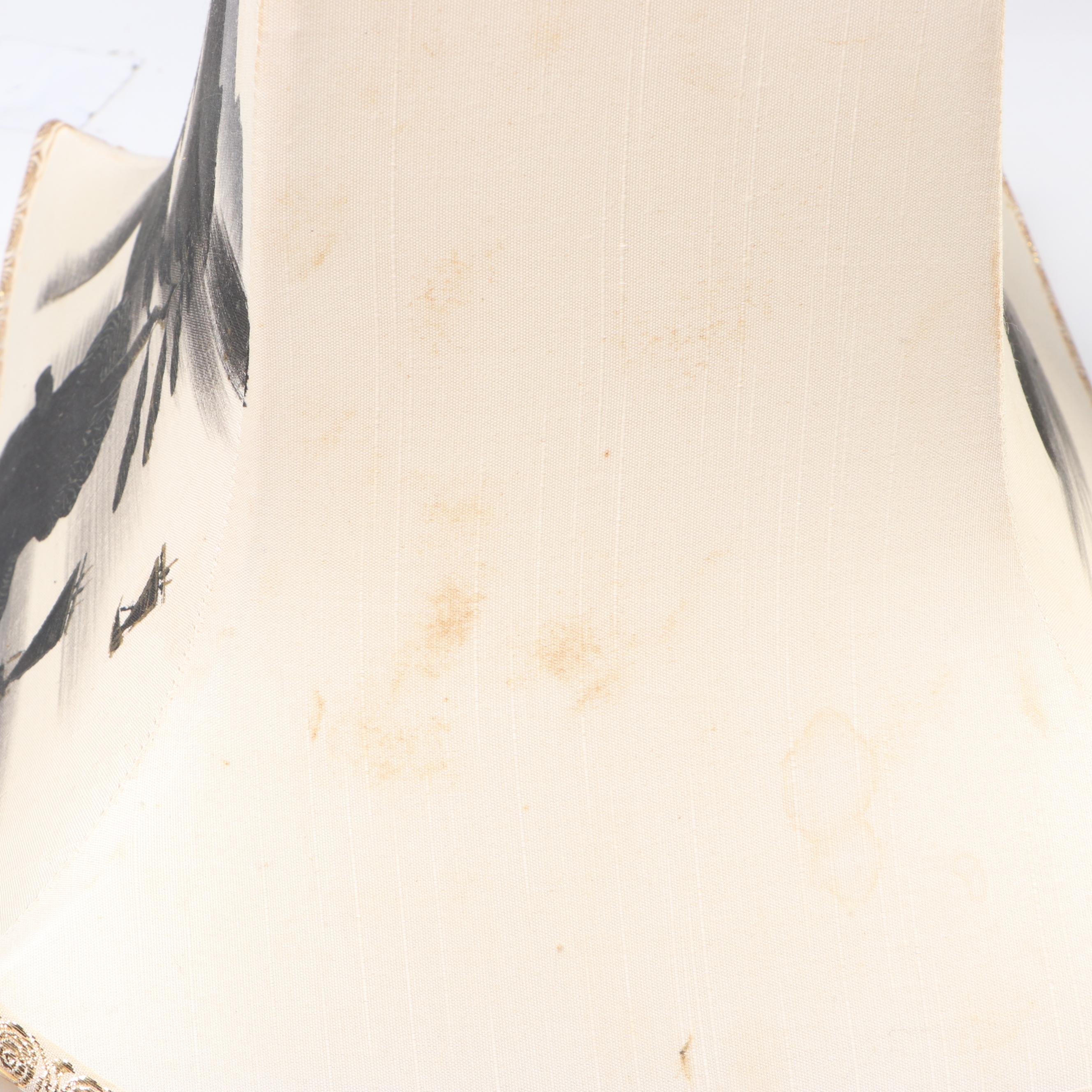 Japanese Damascene Style Table Lamps with Painted Pagoda Landscape Shades