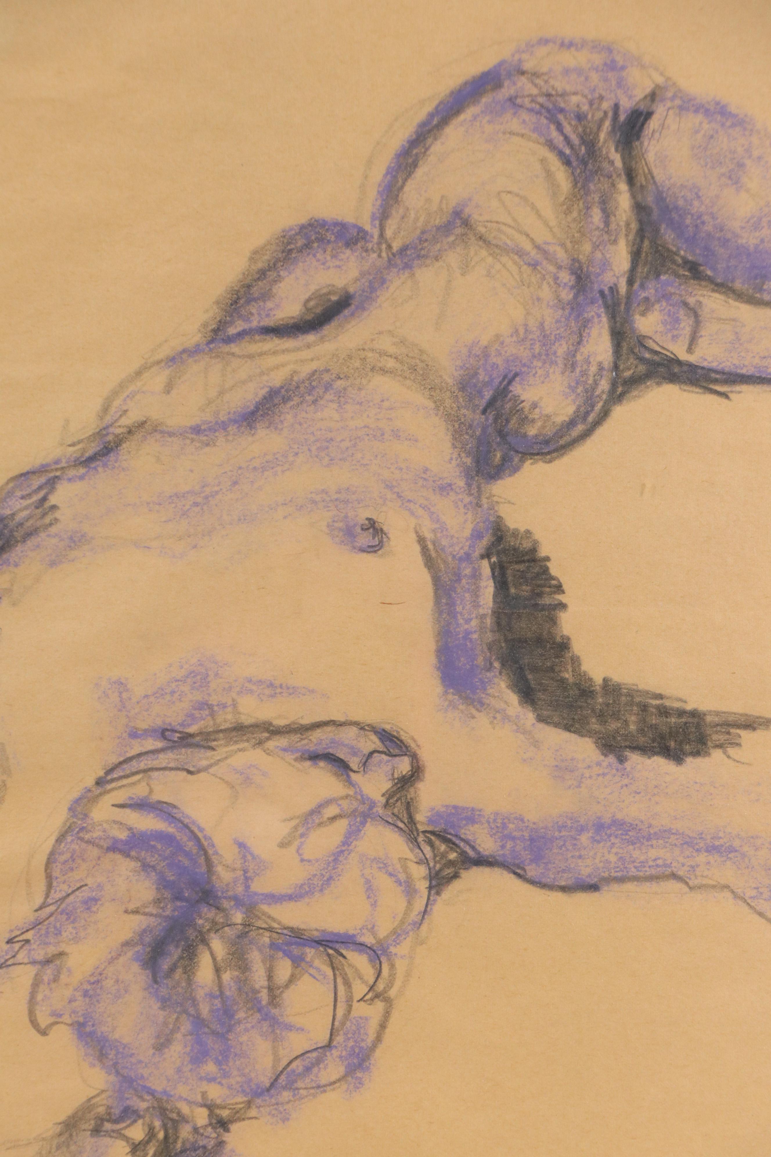 Pastel and Graphite Drawing Foreshortened Reclining Figure