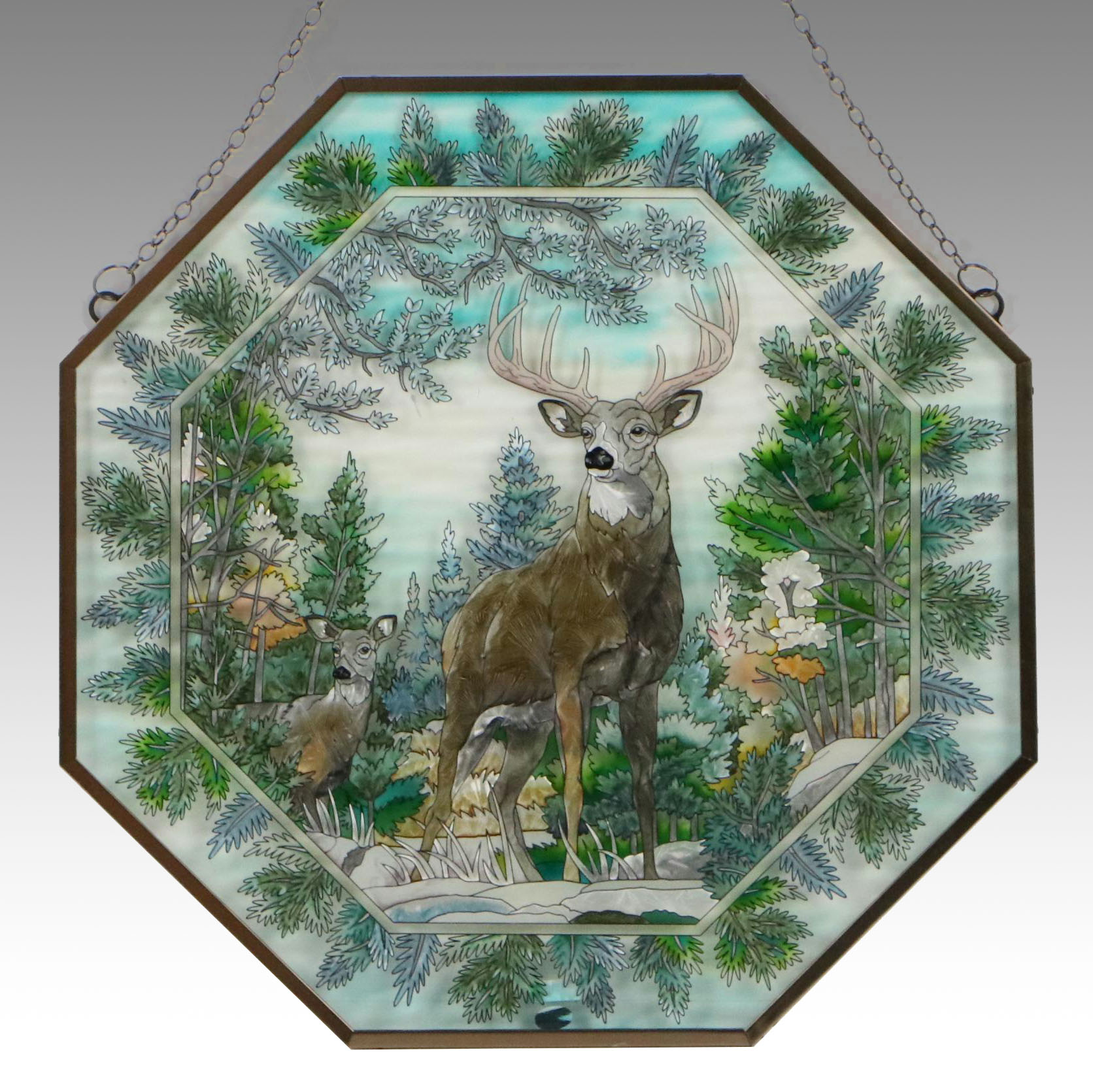 Hanging Stained Glass Panel of Deer Family