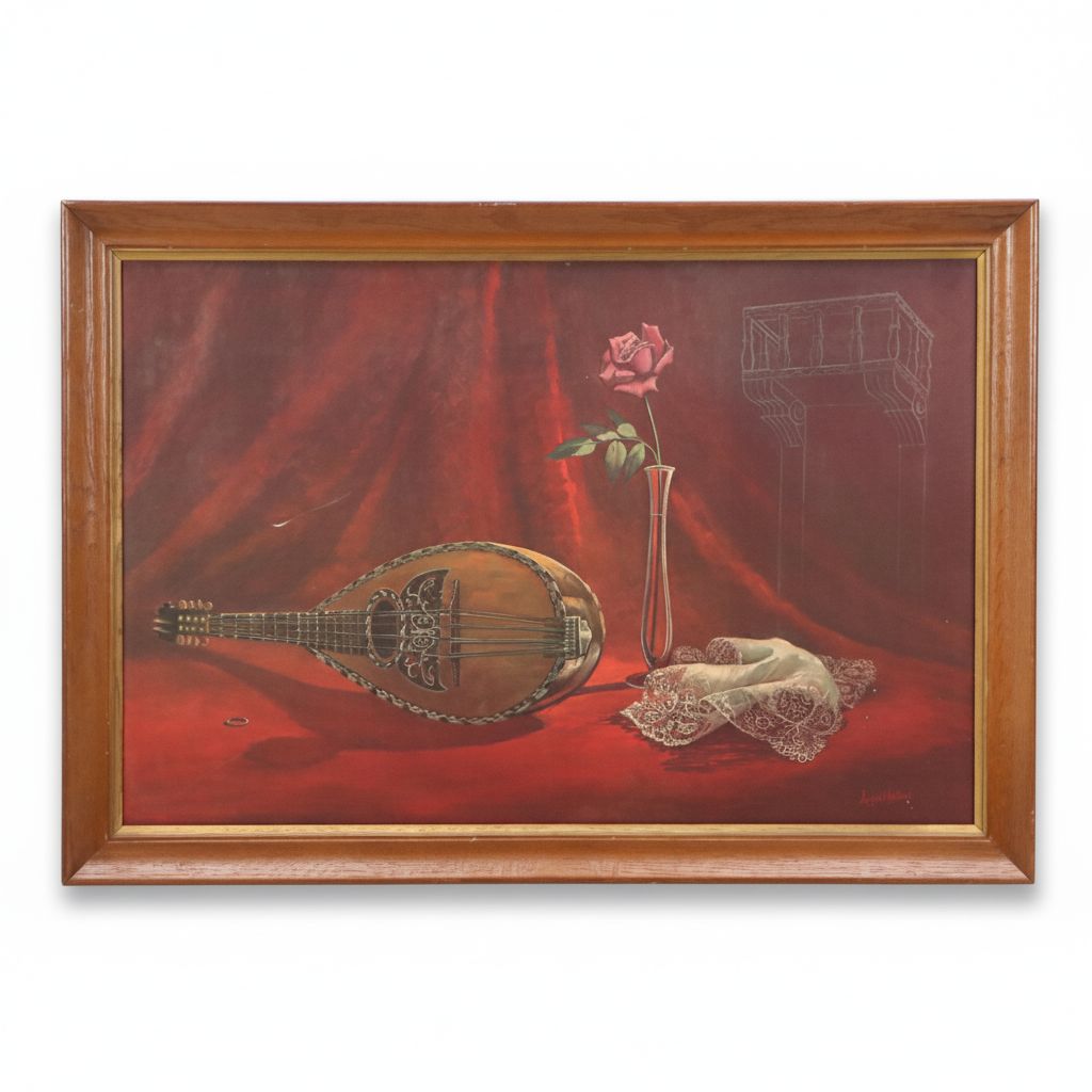 August Holland Still Life Oil Painting of Mandolin, Rose and Handkerchief