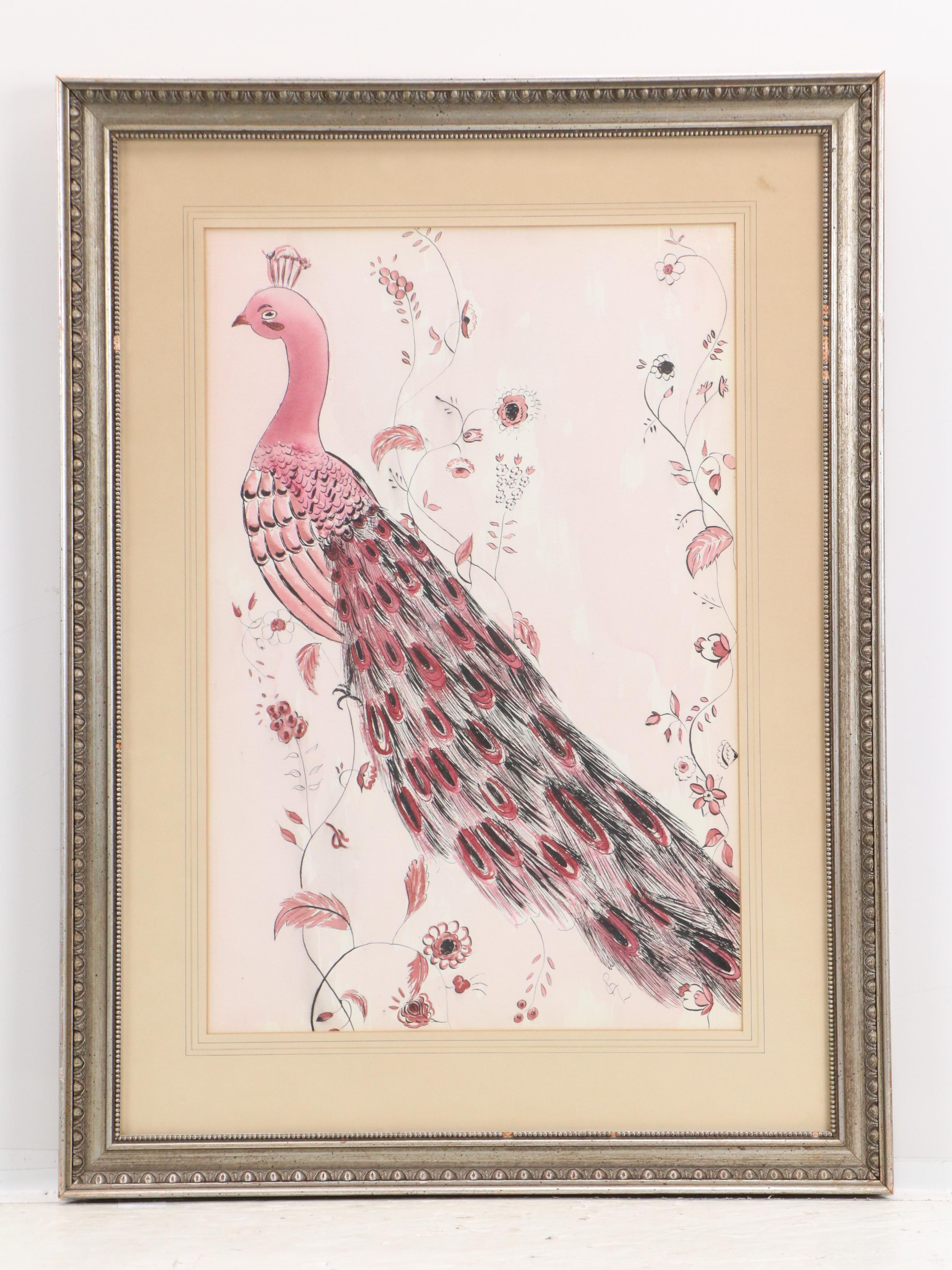 Ink and Watercolor Paintings of Opposing Peacocks