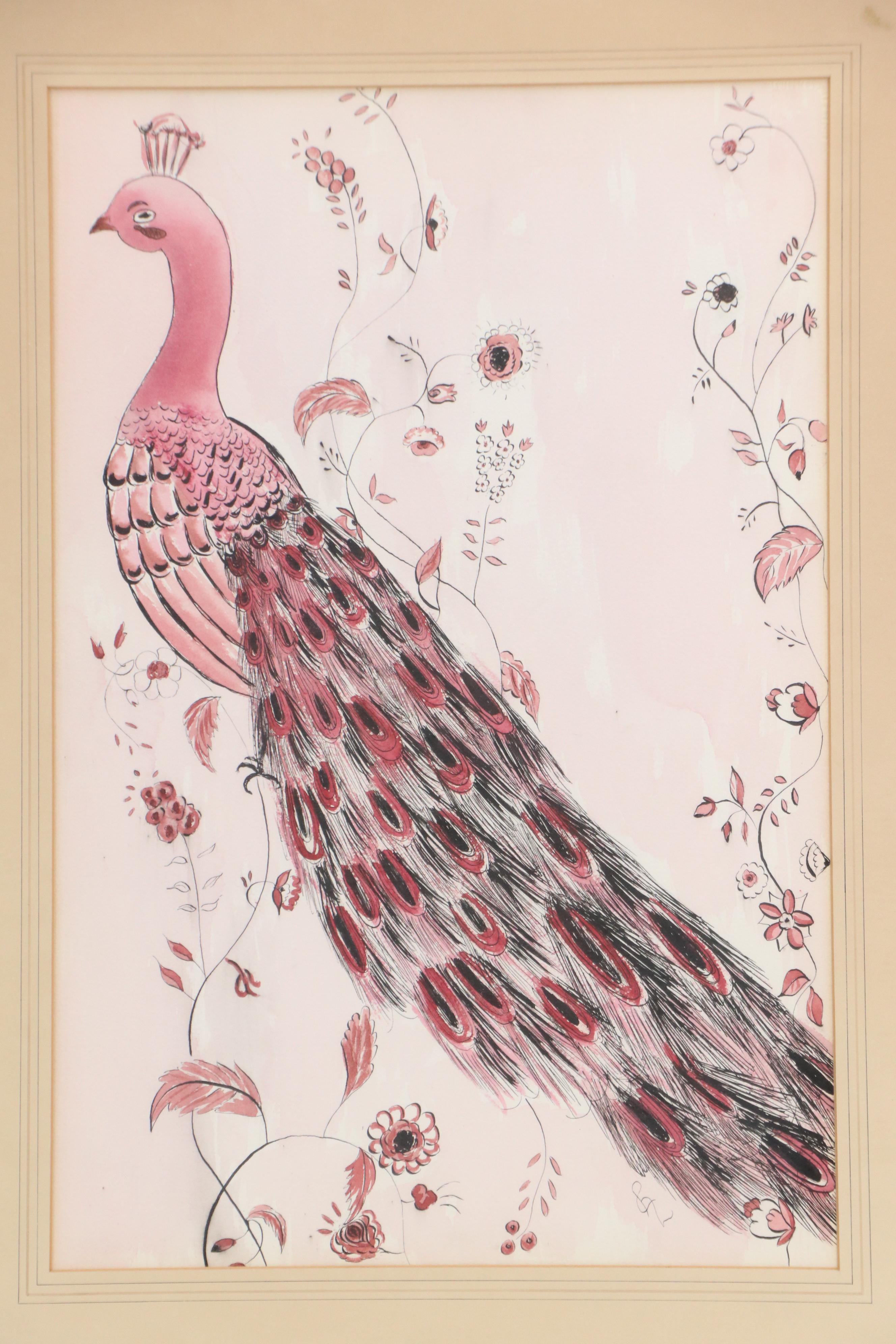 Ink and Watercolor Paintings of Opposing Peacocks