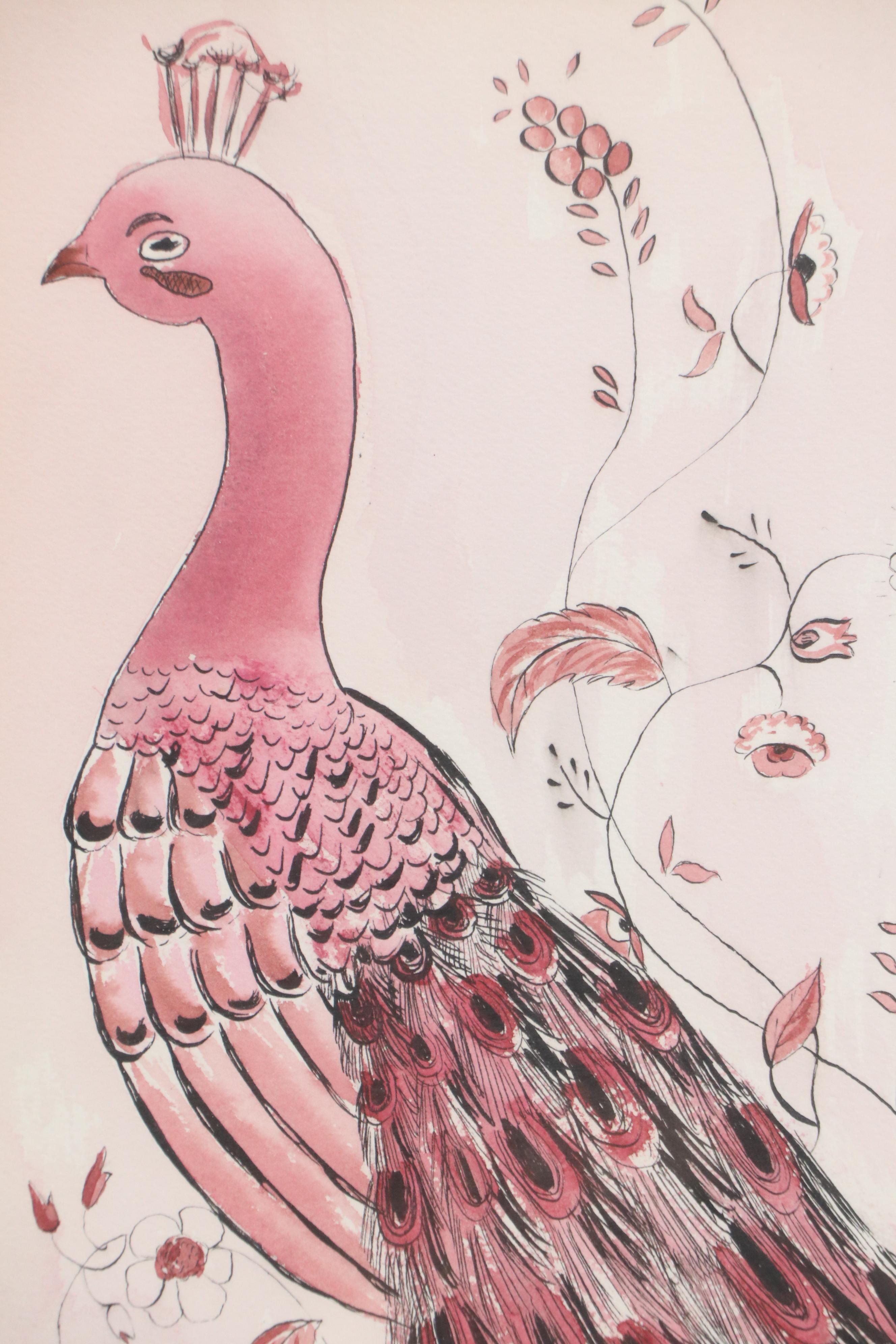 Ink and Watercolor Paintings of Opposing Peacocks