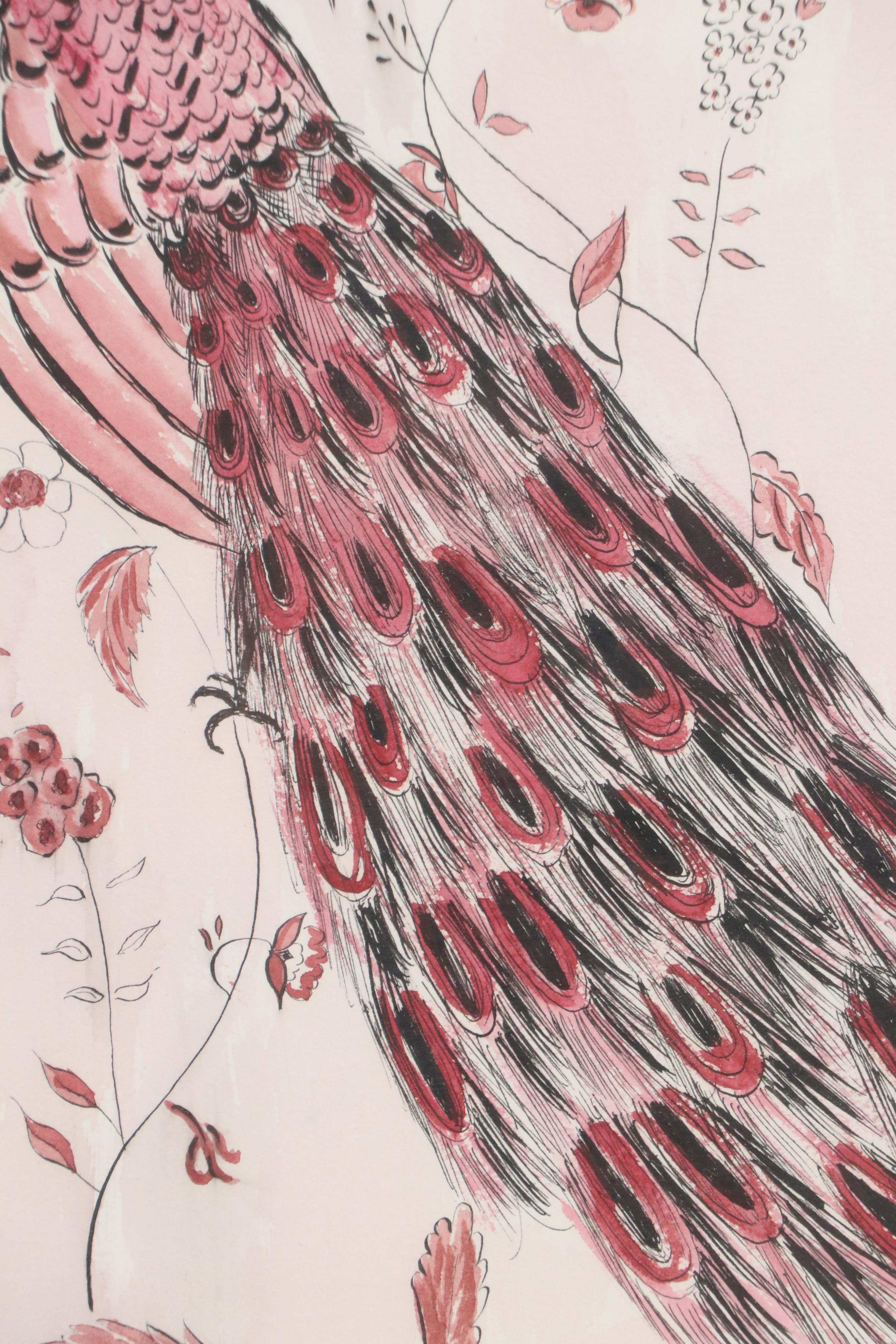 Ink and Watercolor Paintings of Opposing Peacocks