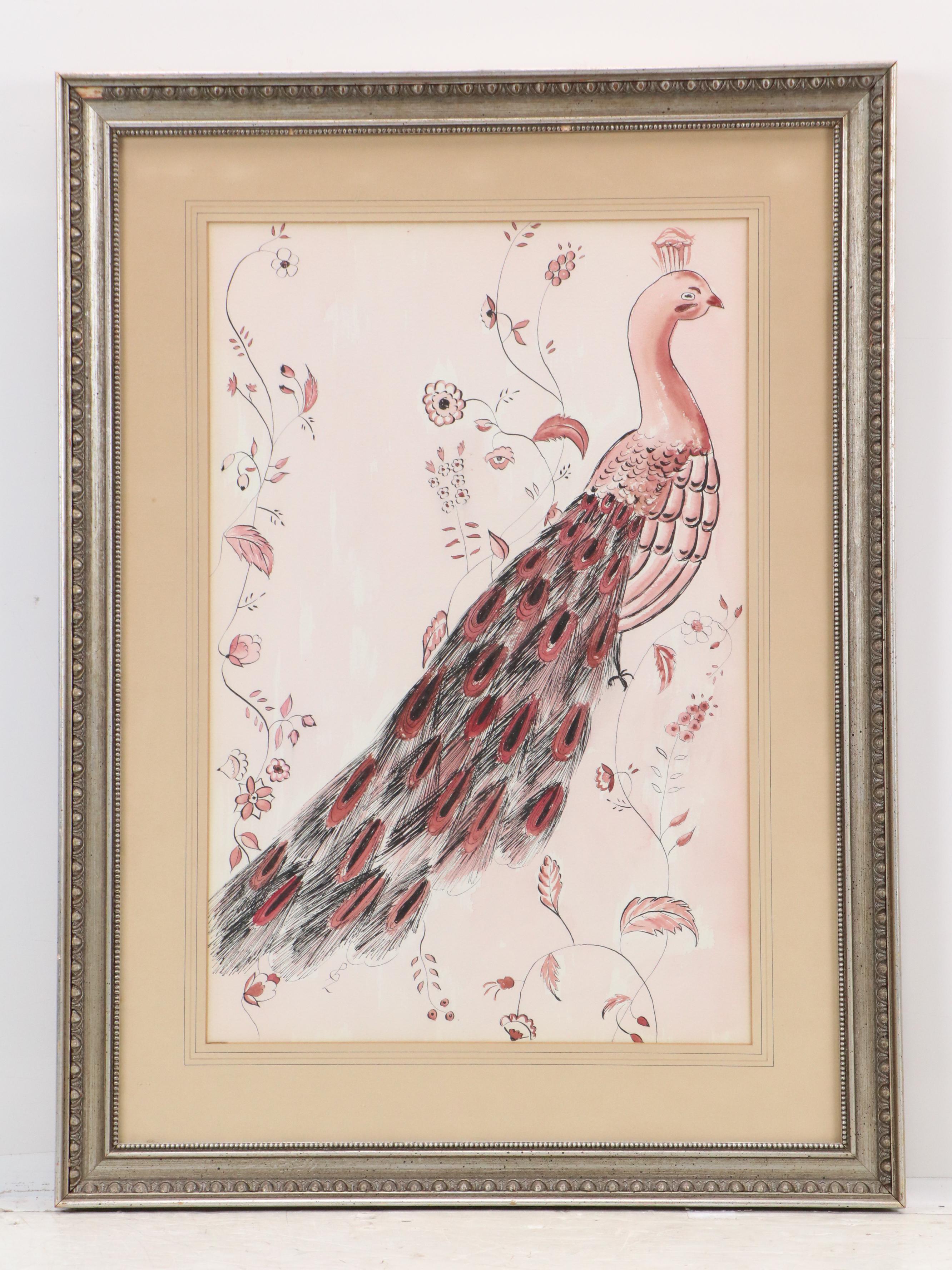 Ink and Watercolor Paintings of Opposing Peacocks