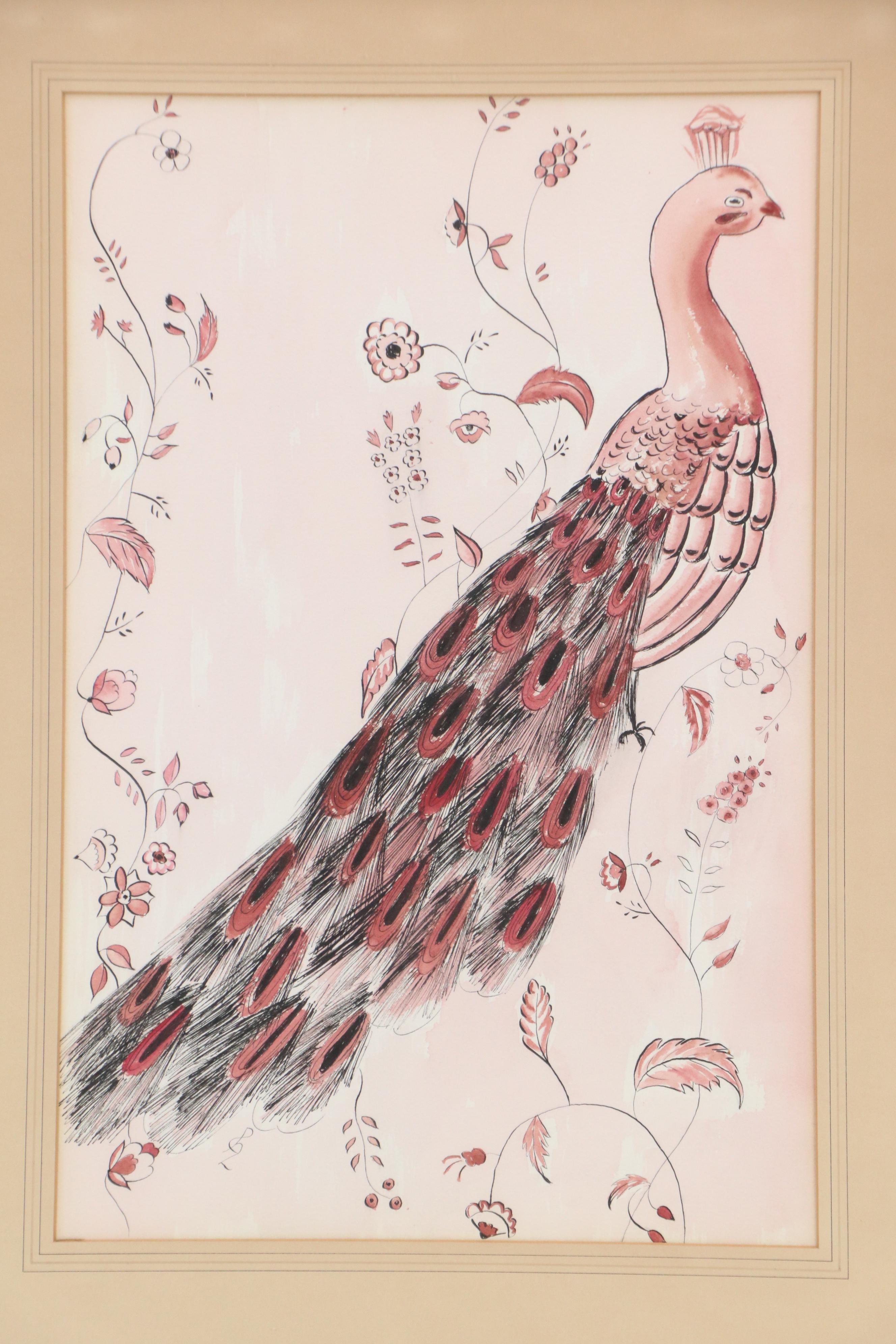 Ink and Watercolor Paintings of Opposing Peacocks