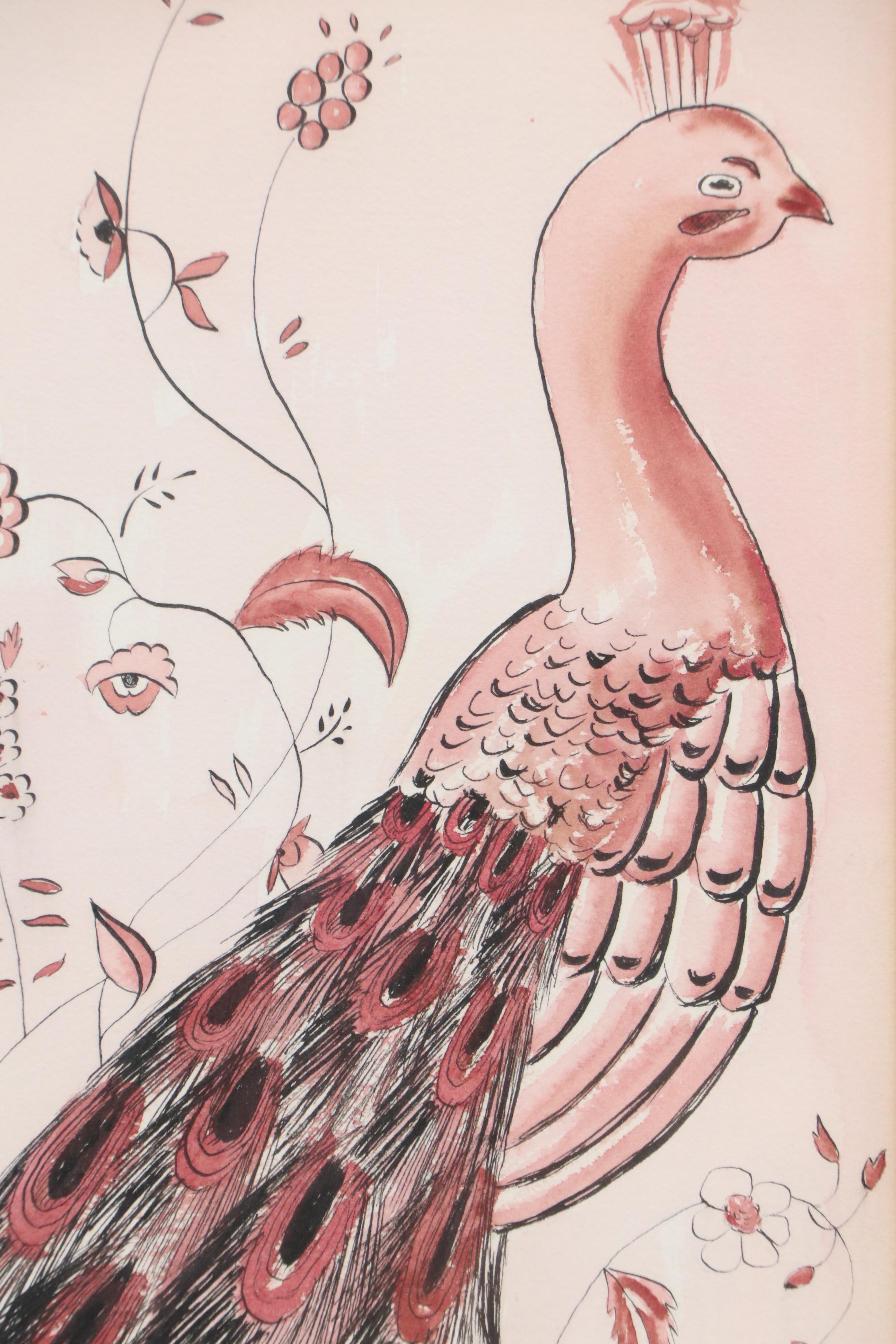 Ink and Watercolor Paintings of Opposing Peacocks