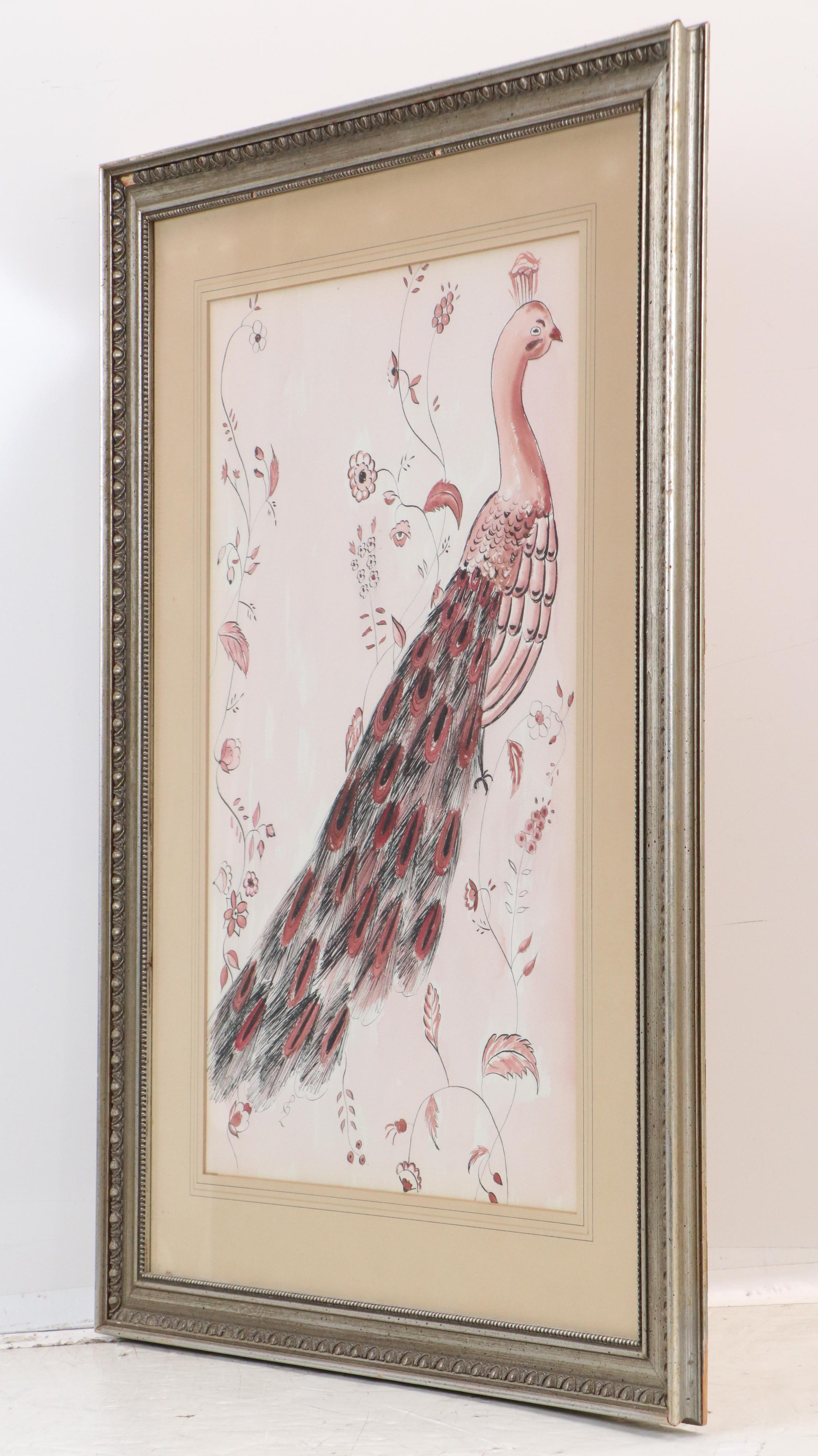 Ink and Watercolor Paintings of Opposing Peacocks