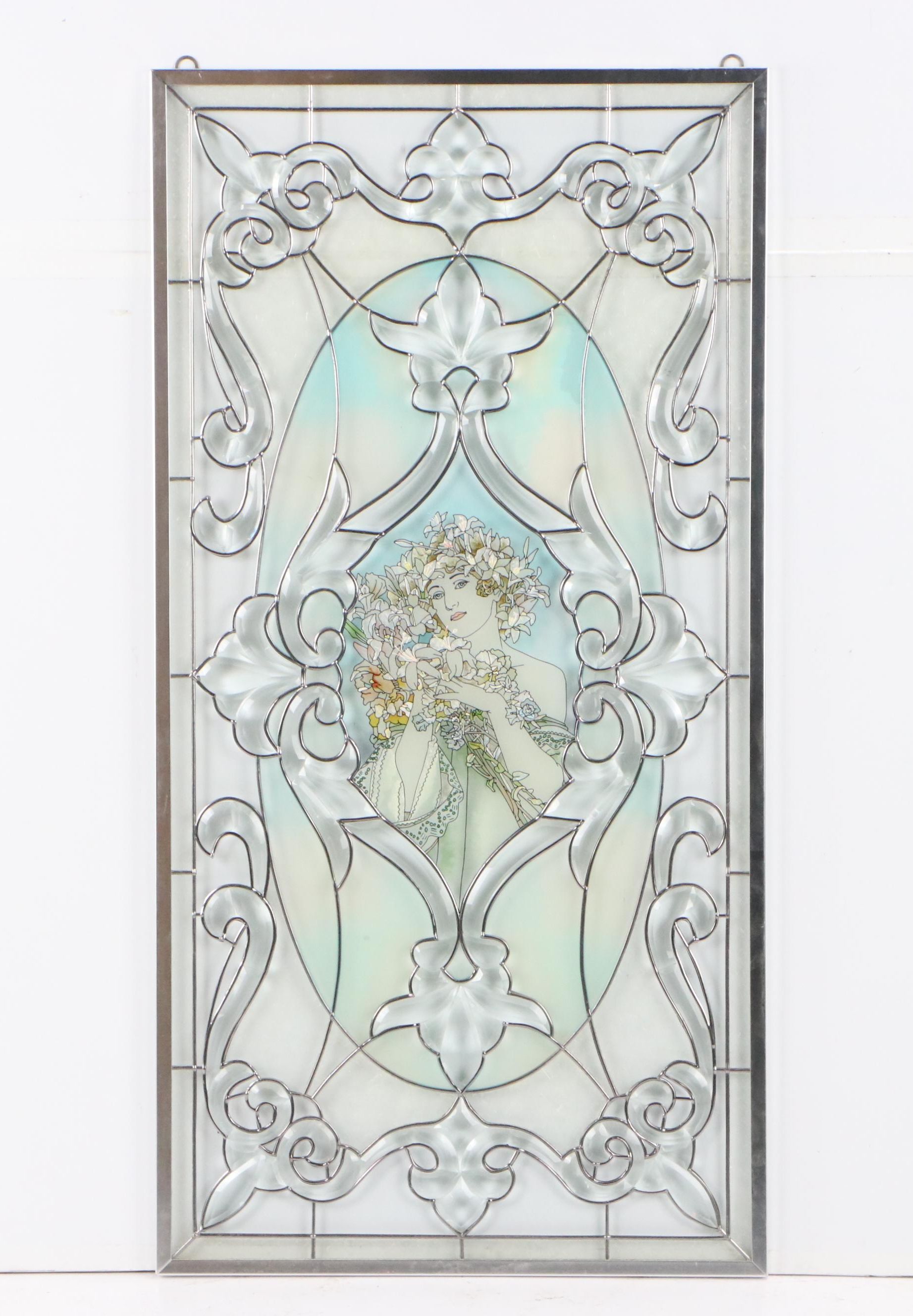 Art Nouveau Style Stained Glass Panel of Figure Holding Flower Arrangement