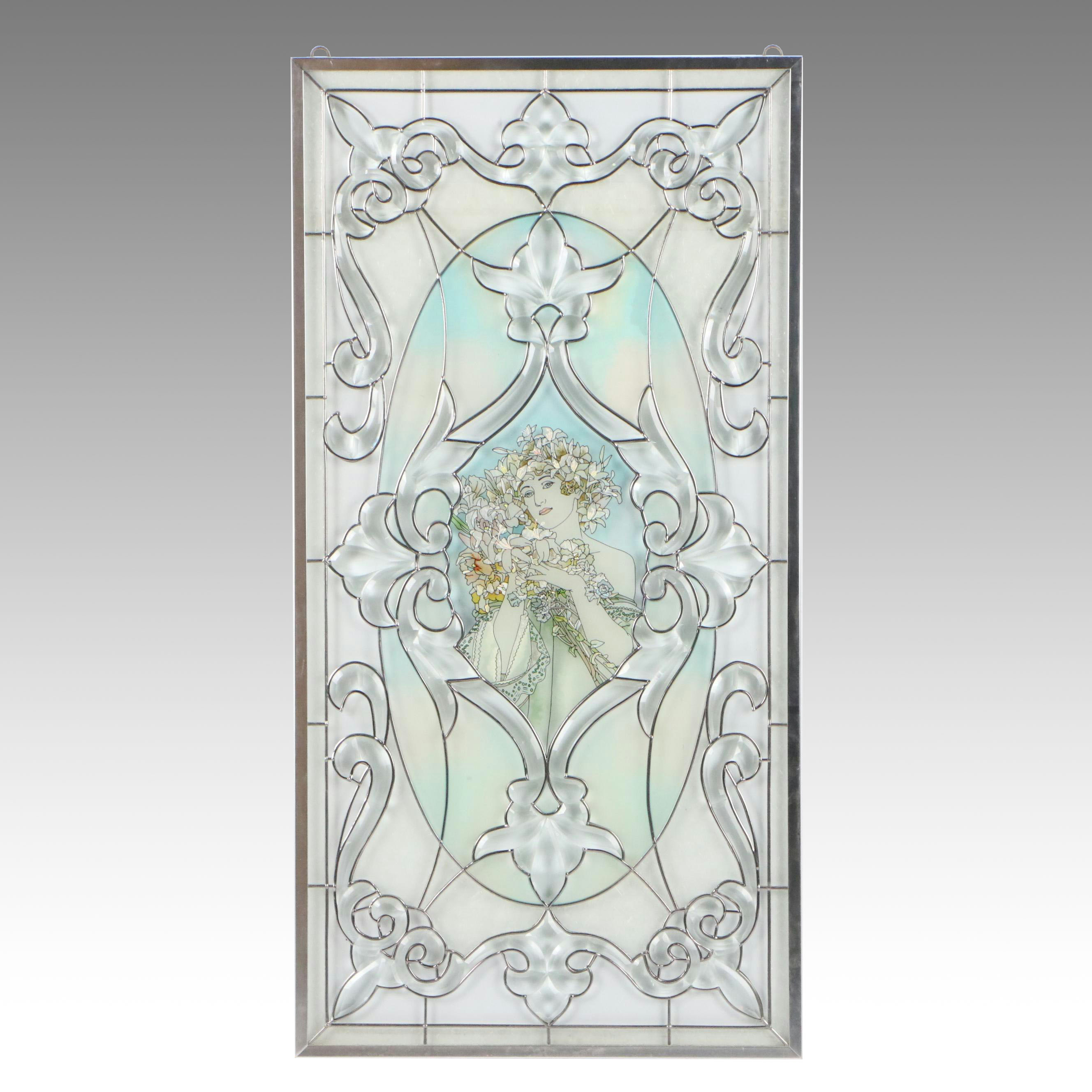 Art Nouveau Style Stained Glass Panel of Figure Holding Flower Arrangement