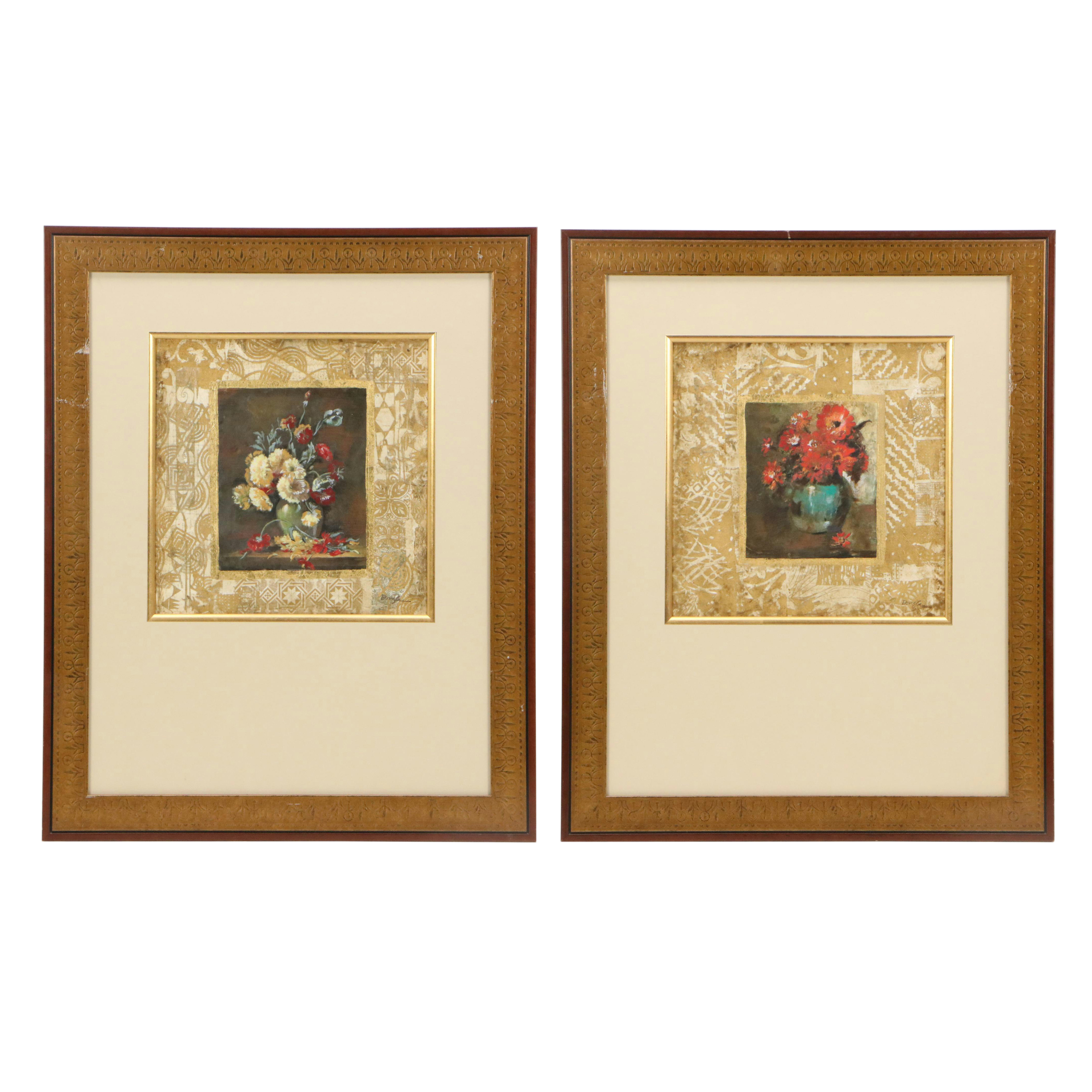 Floral Still Life Mixed Media Prints, Late 20th Century