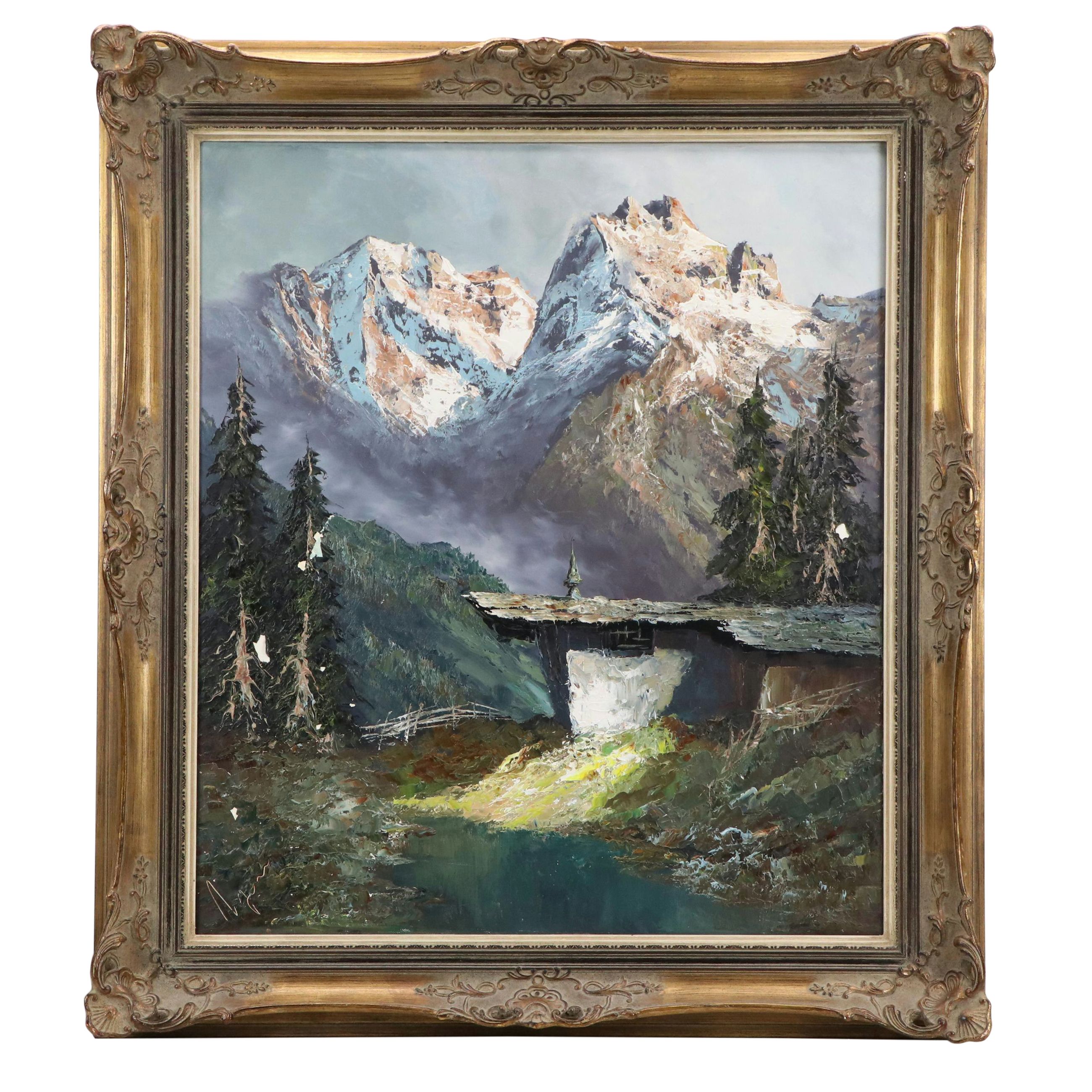 Alpine Chalet Landscape Oil Painting