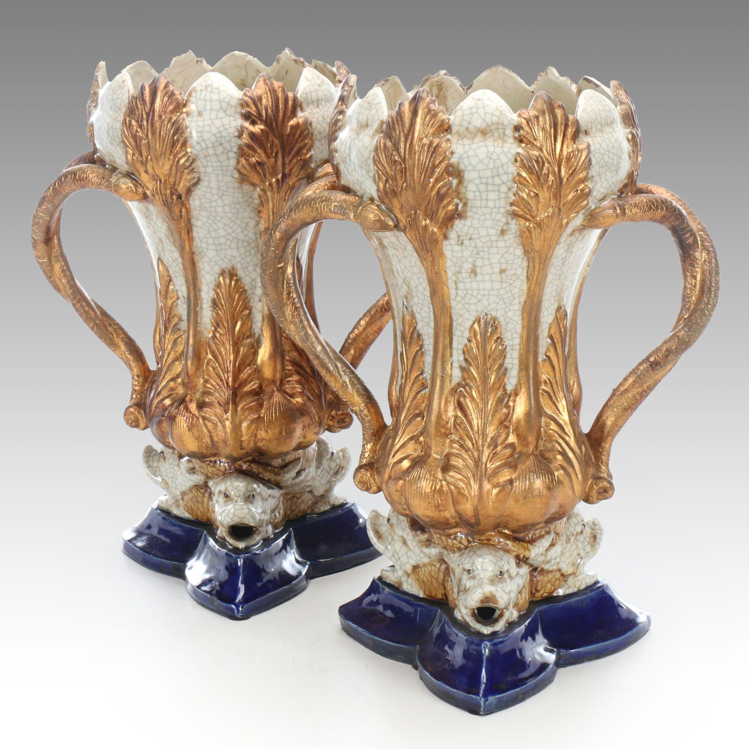 Rococo Style Porcelain Handled Vase Pair