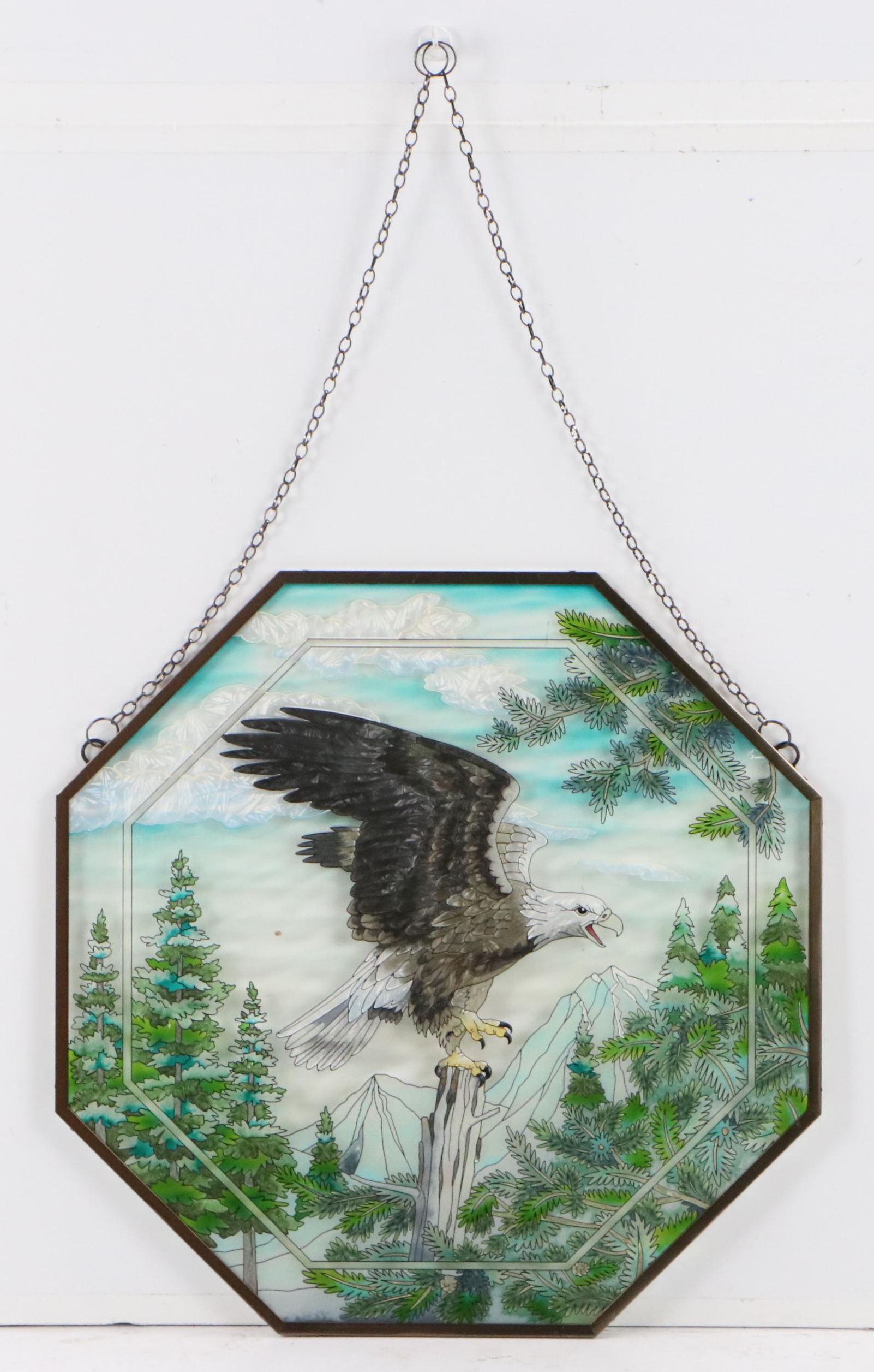 Hanging Stained Glass Panel of Bald Eagle on Perch
