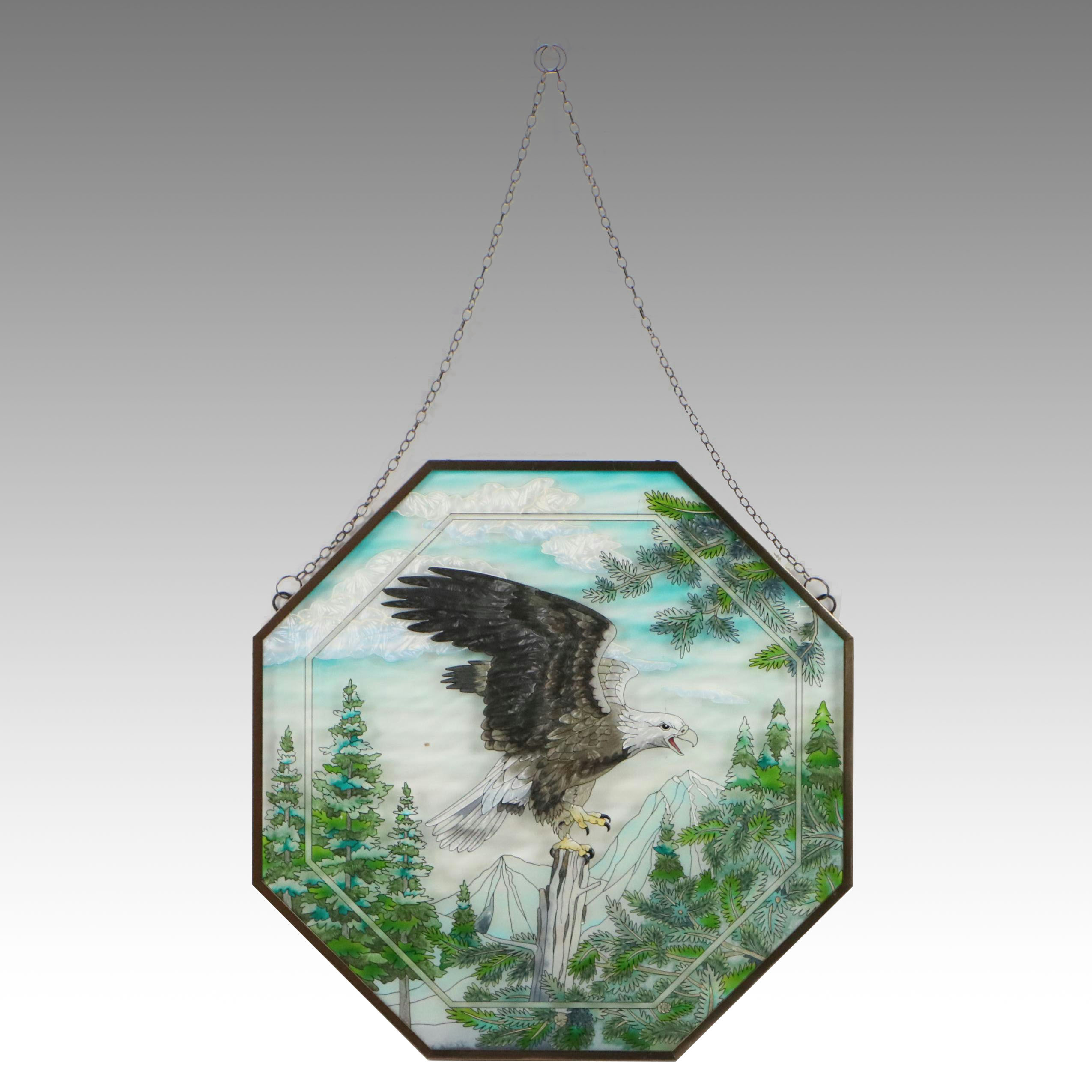 Hanging Stained Glass Panel of Bald Eagle on Perch