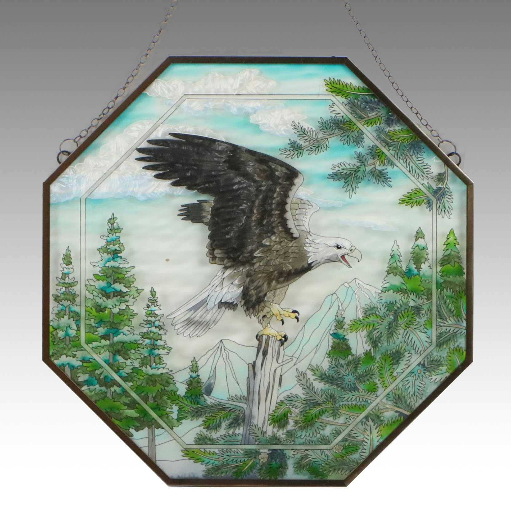 Hanging Stained Glass Panel of Bald Eagle on Perch