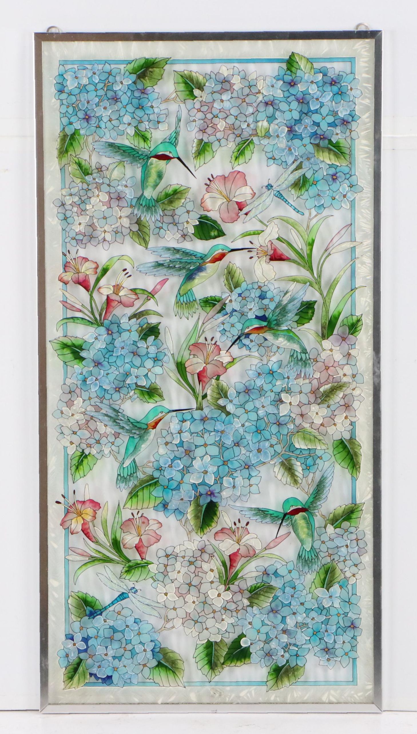 Stained Glass Panel of Hummingbirds and Flowers