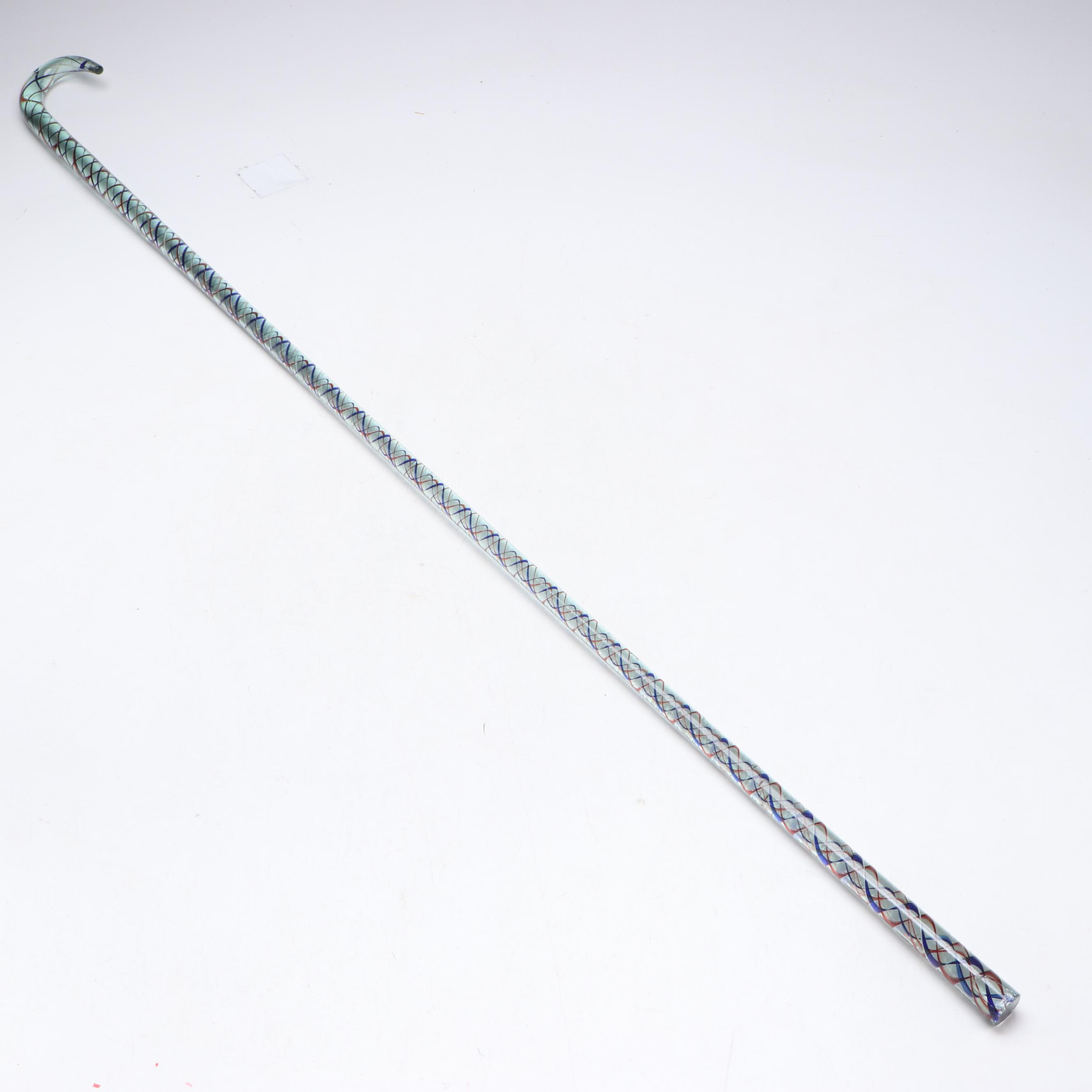 Victorian Nailsea Style Blue and Red Swirled Blown Glass Cane