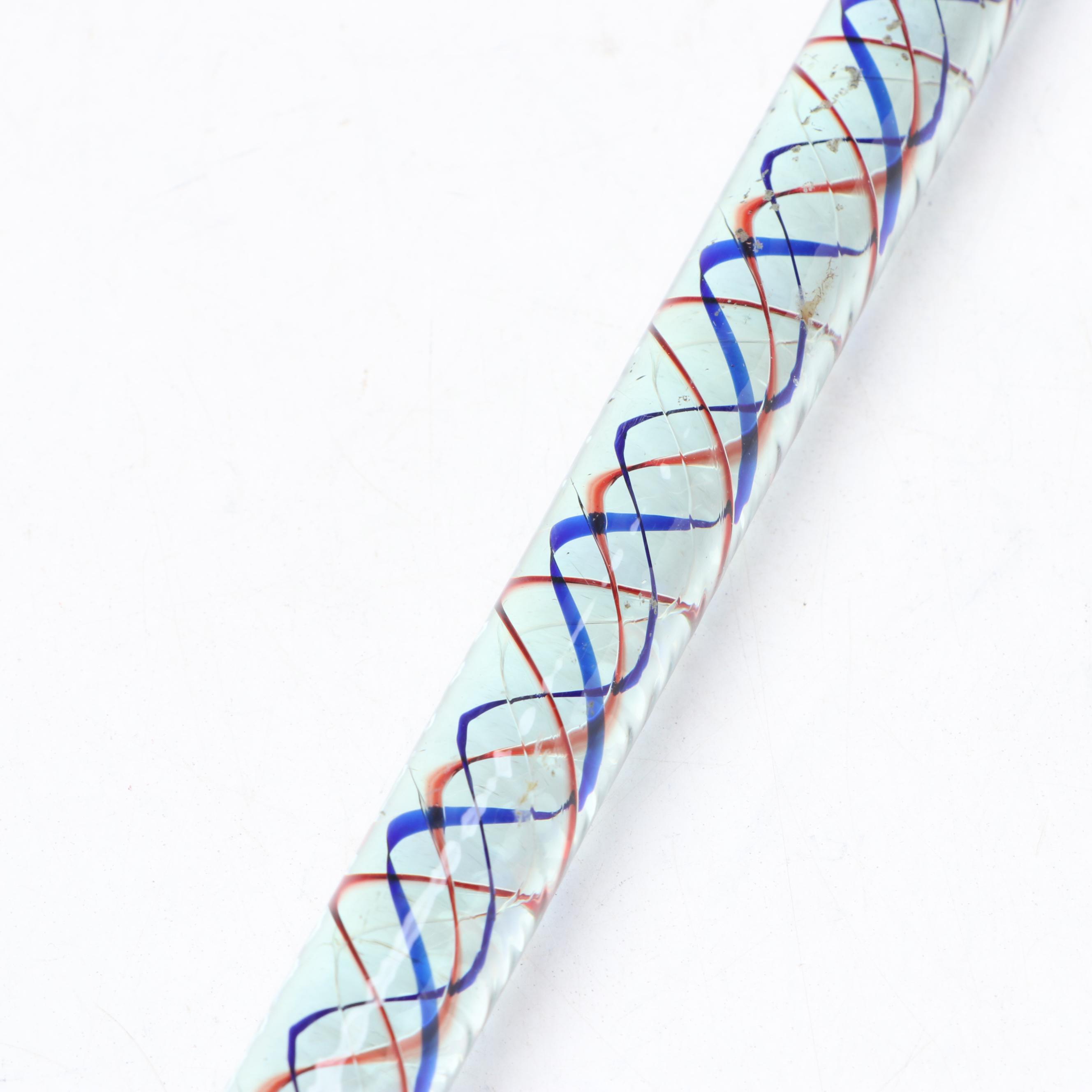 Victorian Nailsea Style Blue and Red Swirled Blown Glass Cane