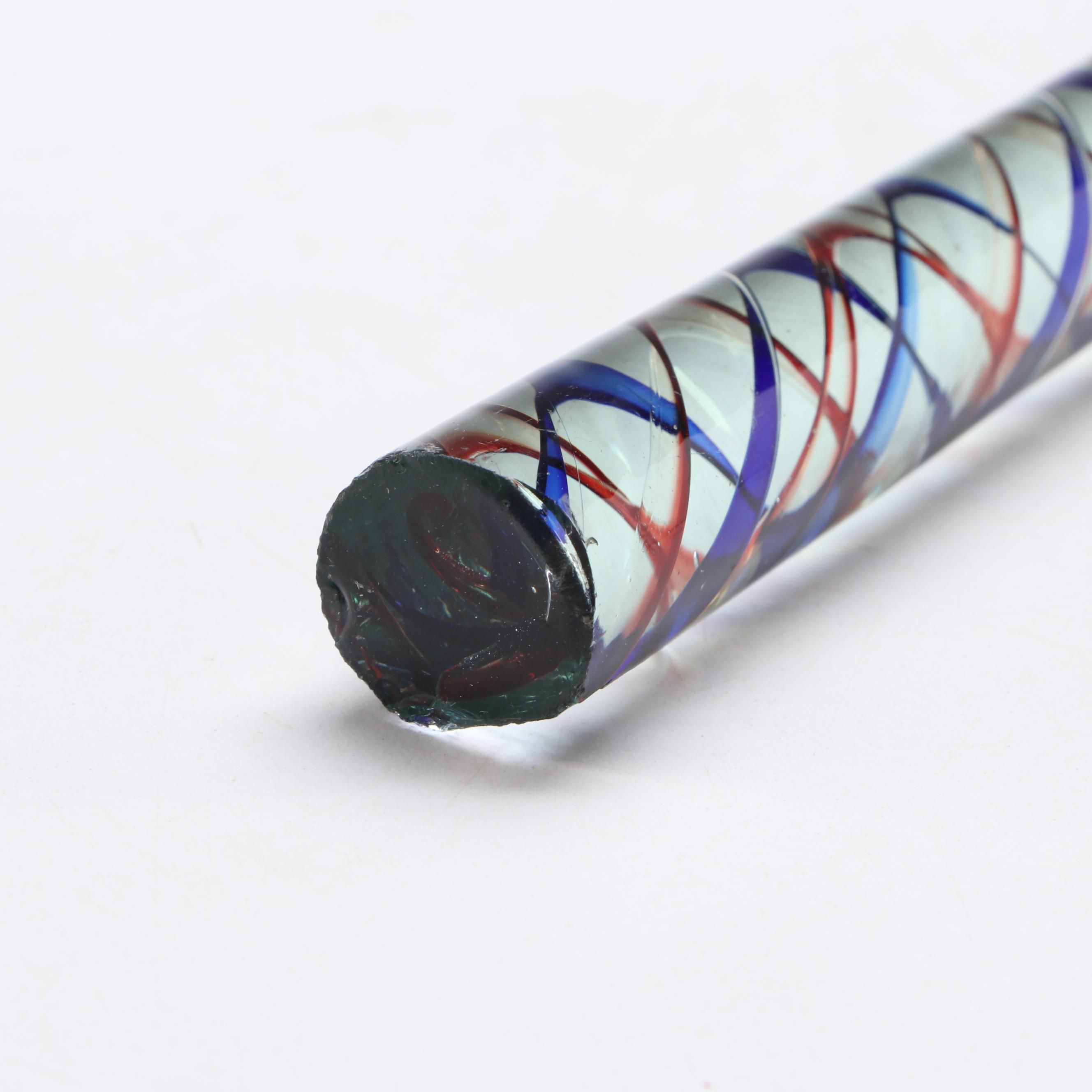 Victorian Nailsea Style Blue and Red Swirled Blown Glass Cane