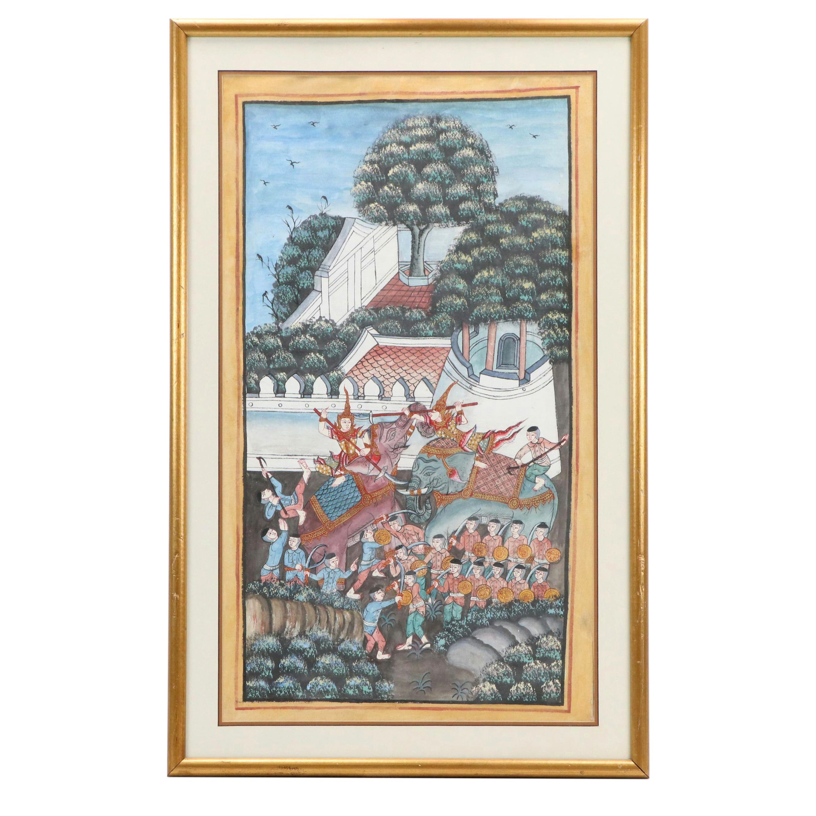 Thai Gouache Painting of Battle Scene