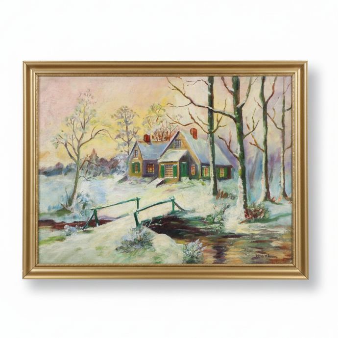 Myrtle M. Ehlman Winter Residential Landscape Oil Painting, Circa 1940