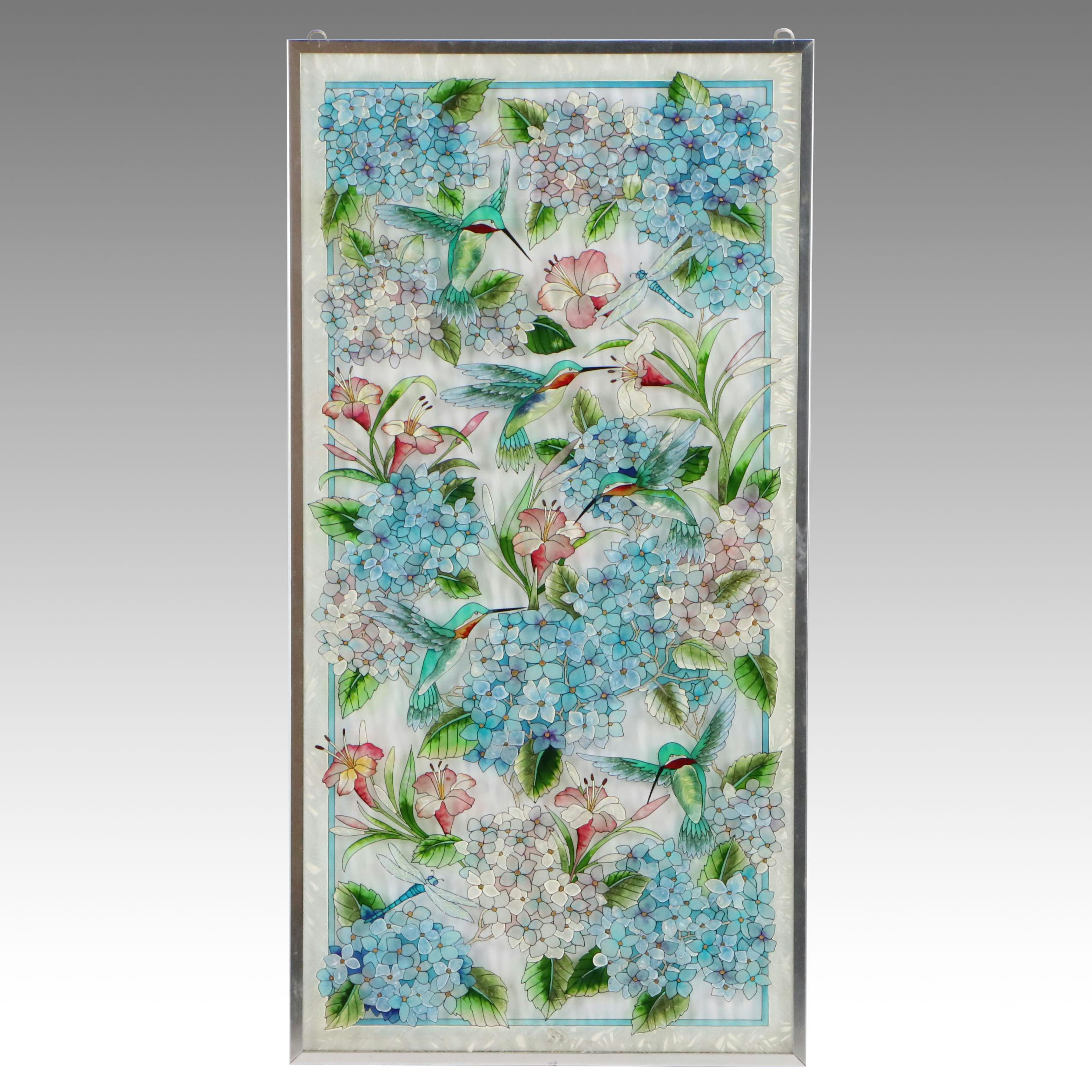 Stained Glass Panel of Hummingbirds and Flowers