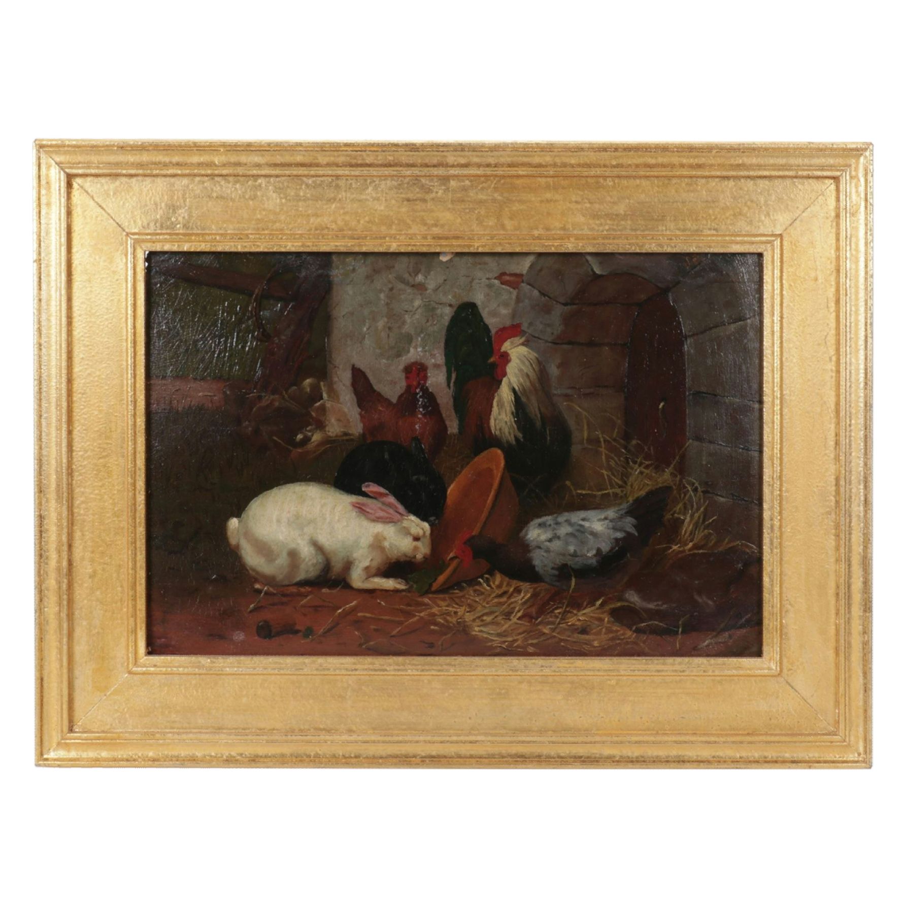 After Albert Becker Oil Painting "Rabbits and Chickens in the Hay," After 1880