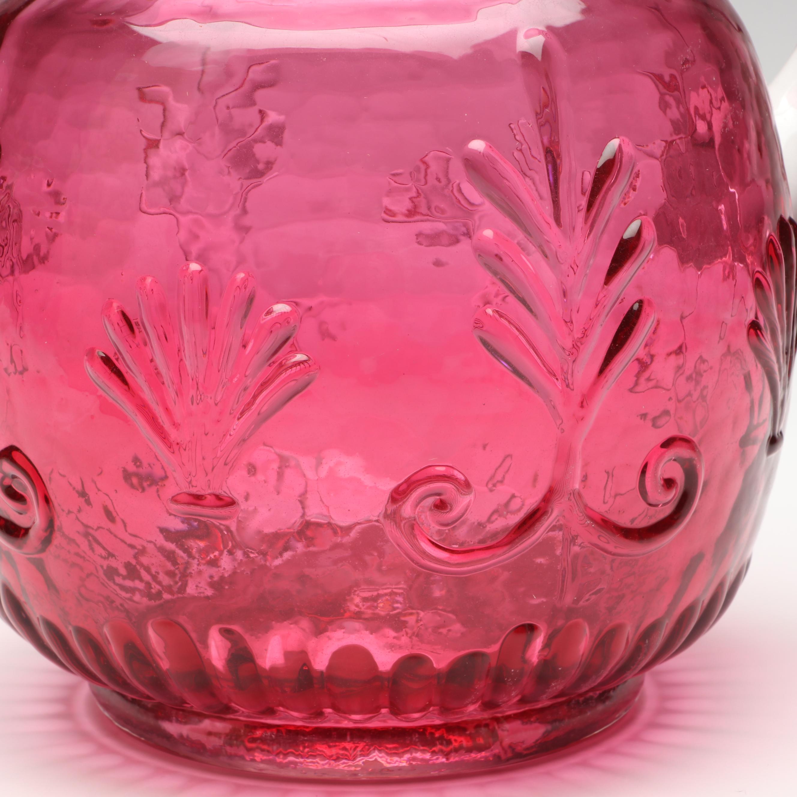 Pilgrim Cranberry Glass Pitcher with Bud Vase, Lidded Jar and Other Décor
